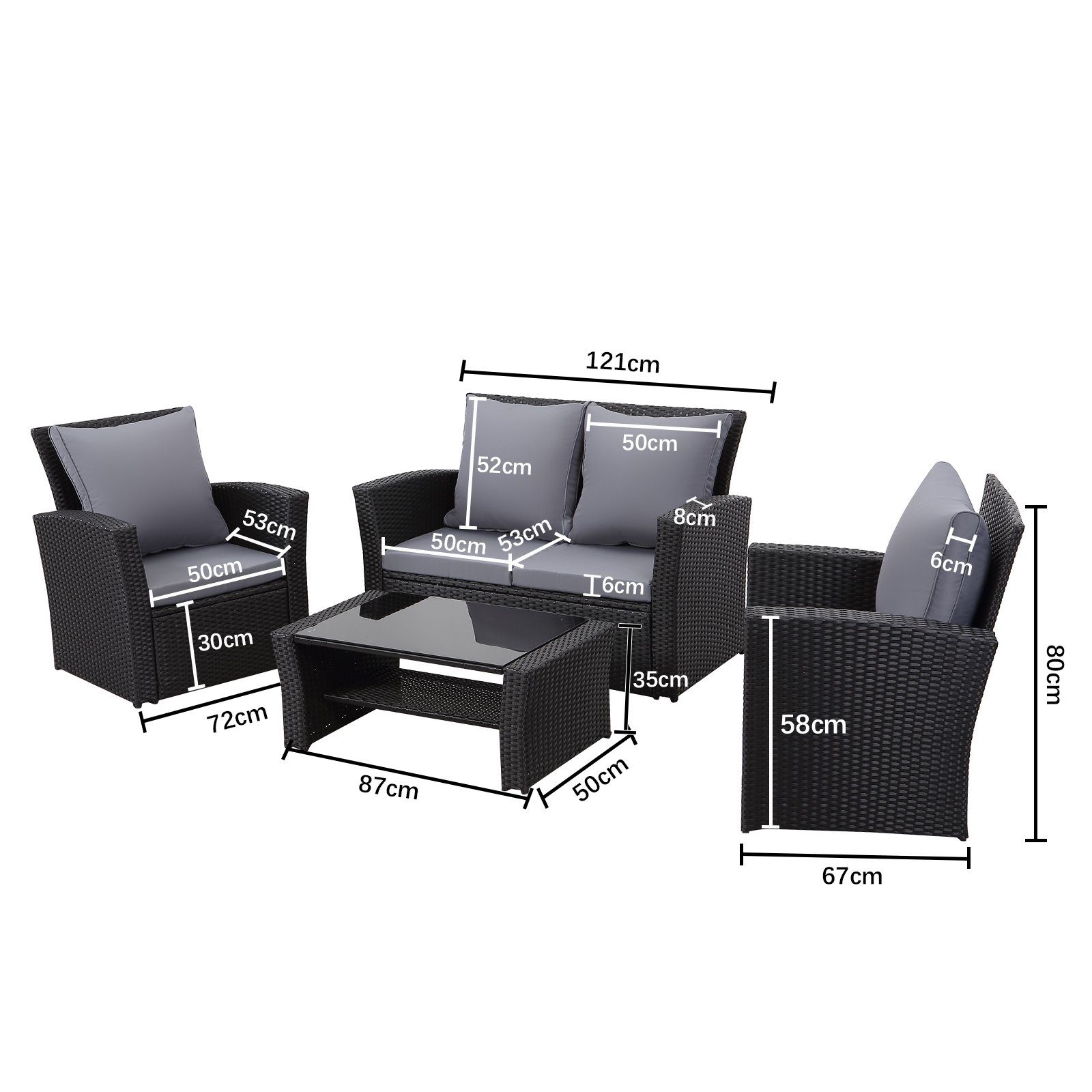 MeXo von GLP HOME Gartenlounge-Set Balkongarnitur Gartenmöbel Set Polyrattan Wetterfest für 3-4 Personen, (Loungeset Kleiner Balkon Sitzgruppe, 4-tlg., Balkonset, Sitzgarnitur mit Kissen), Gartengarnitur für Lounge Klein Terrasse Garten Indoor Outdoo