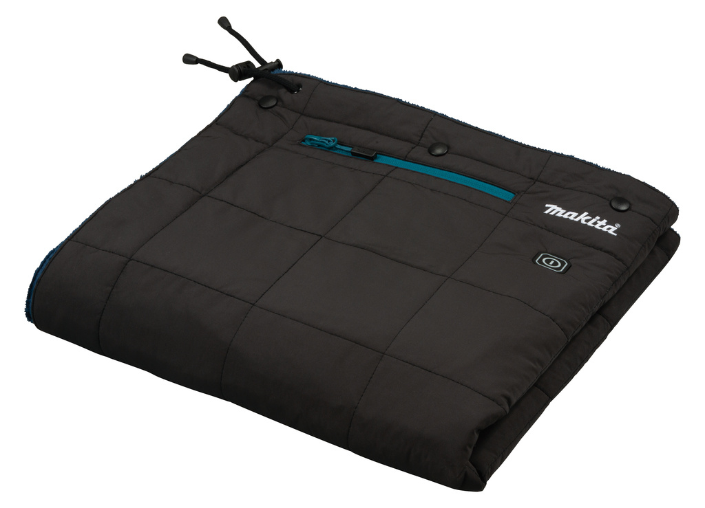 Couverture chauffante Makita CB100DANL1 noire (piles et chargeur non inclus), avec adaptateur LXT, câble d'extension et sac de rangement.