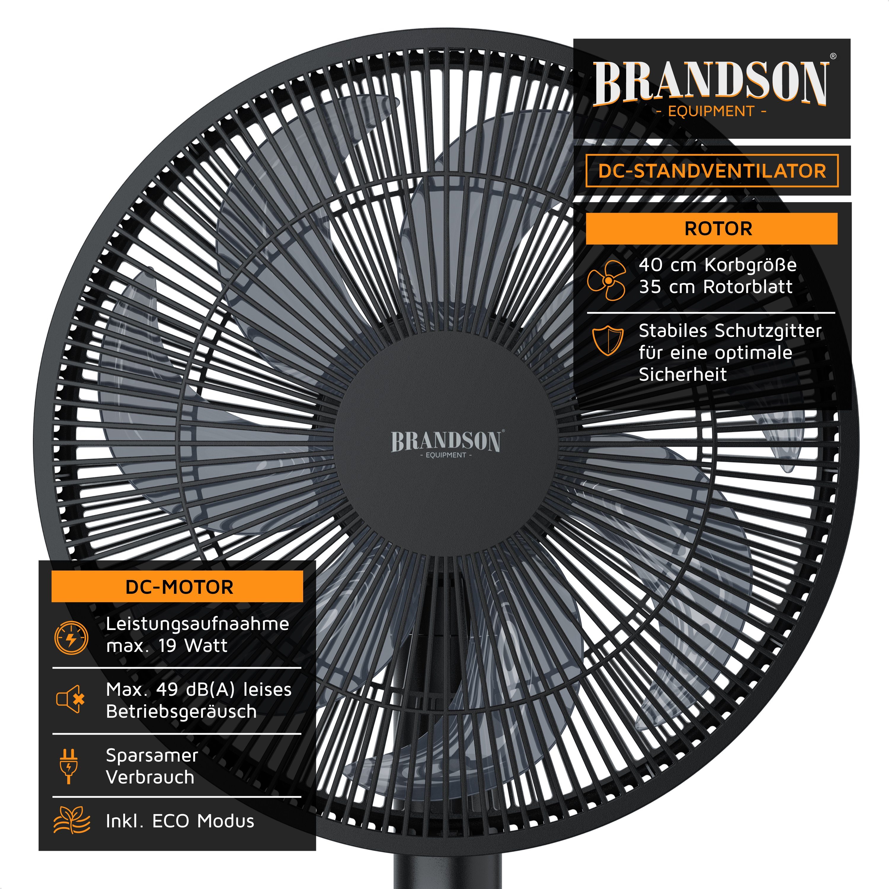 Brandson Standventilator, 40 cm Durchmesser, DC, leise, energiesparend, Oszillation, Timer, 9 Stufen, Fernbedienung