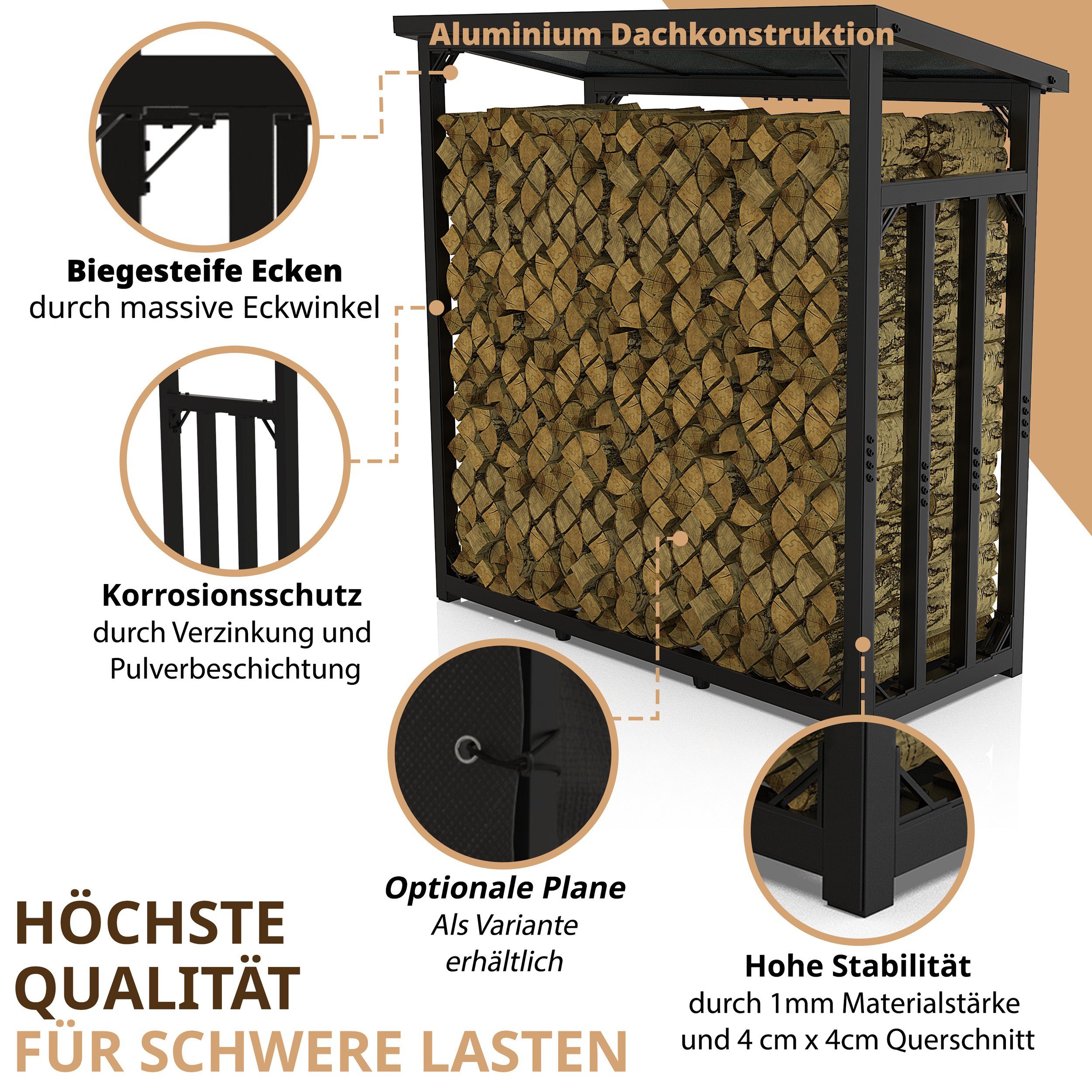 LAWA Living and Lifestyle Kaminholzregal Metall mit Dach VERZINKT Feuerholzregal außen Stapelhilfe Brennholz, BxTxH:188x70x188 cm, (Kaminholzunterstand, Brennholzregal), Stahl, 3t, für ca. 2,3³ RM, schwarz, schwere Qualität