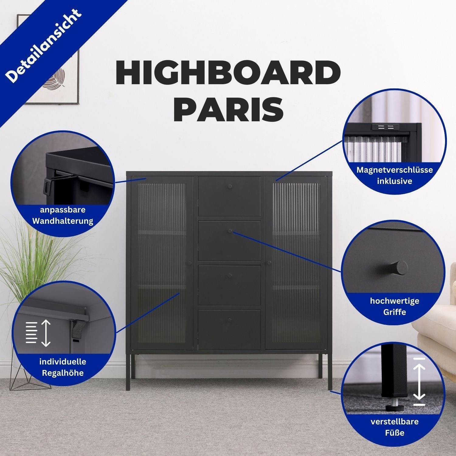 Mein-Regal Highboard, Highboard Paris Schwarz Metall 2 Glastüren, 4 Schubladen Einlegeböden