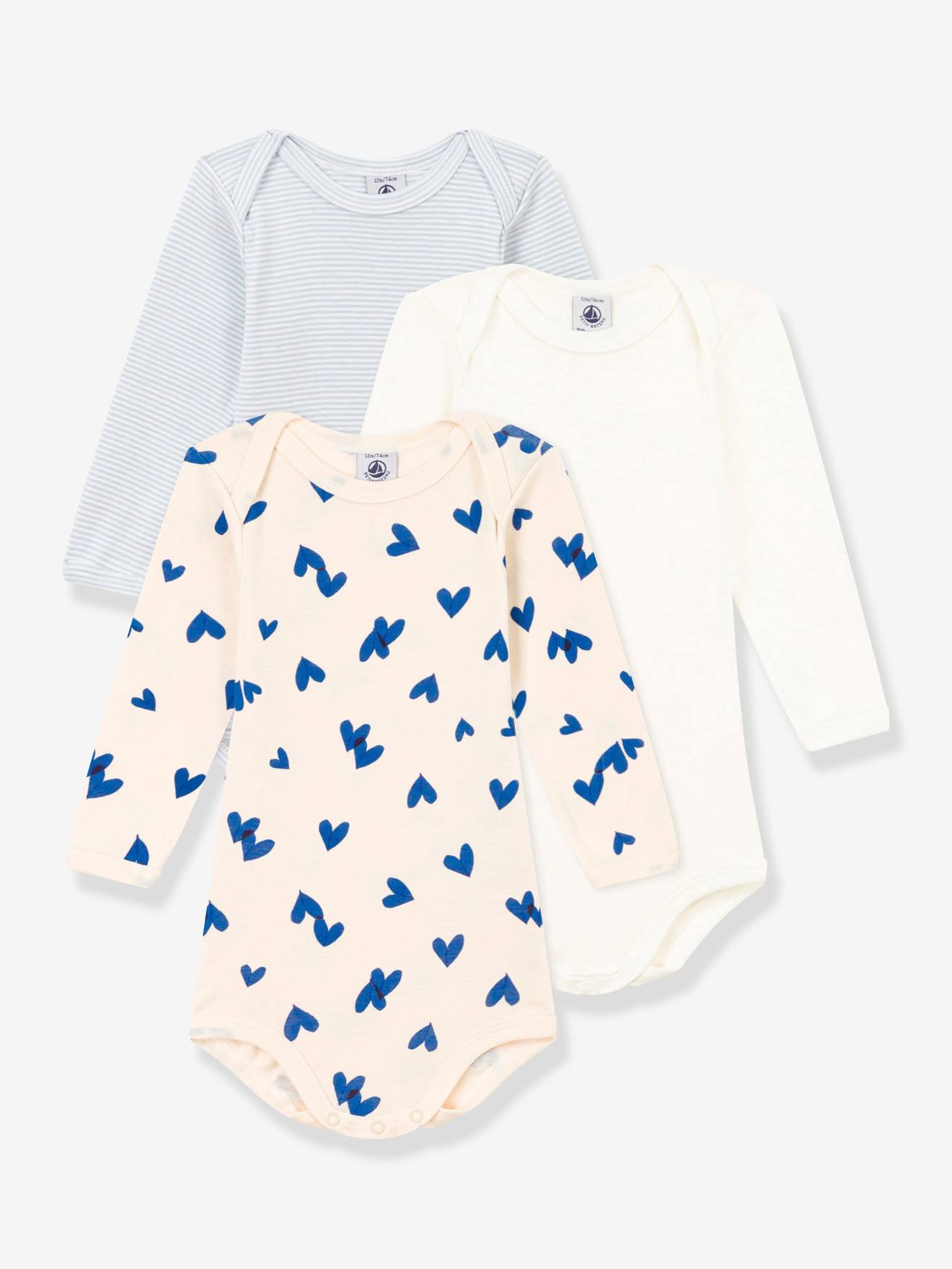 Lot de 3 bodies manches longues cœurs bleus bébé en coton PETIT BATEAU blanc imprimé
