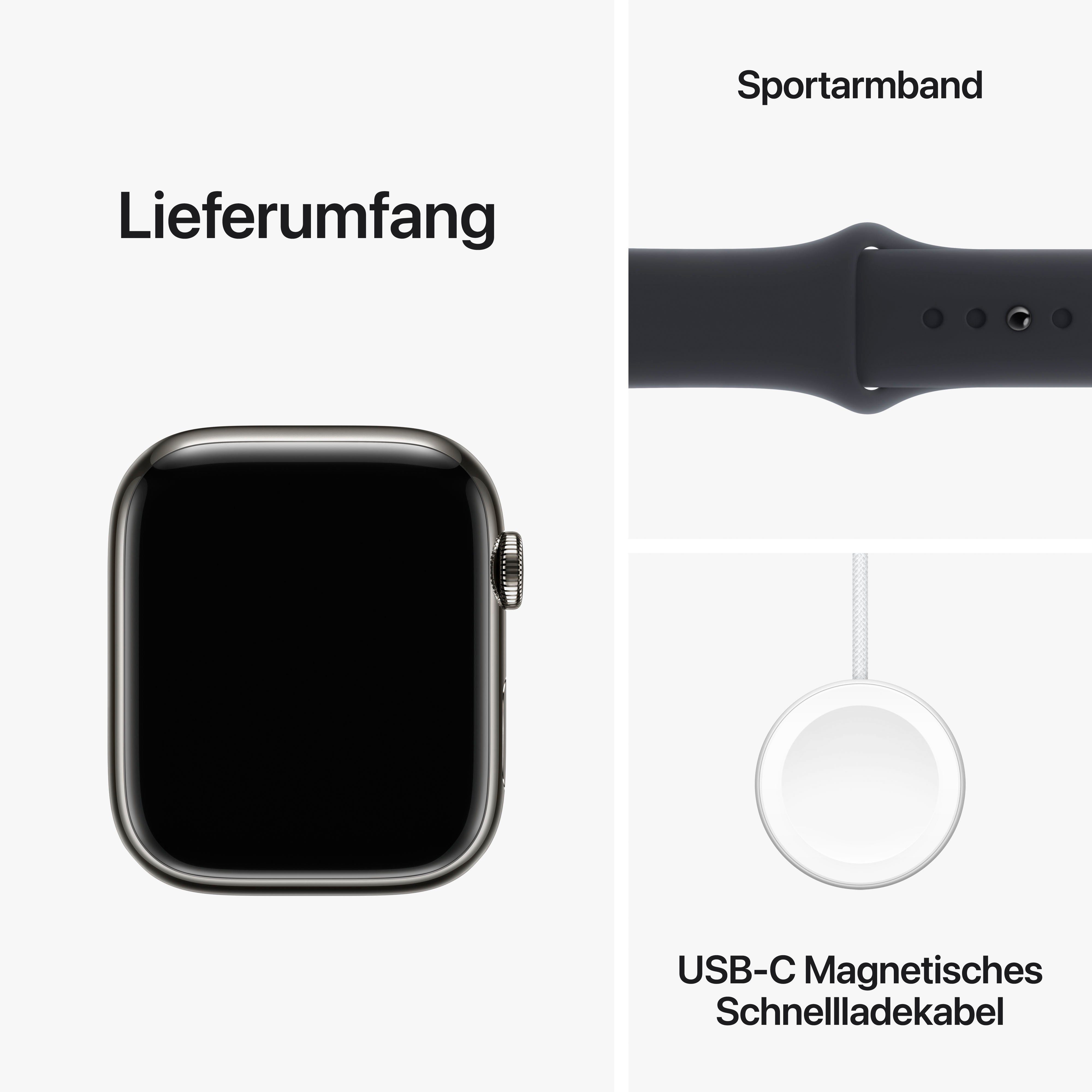 Apple Watch Series 9 GPS + Cellular Stainless Steel 45mm M/L Smartwatch (4,5 cm/1,77 Zoll, Watch OS 10), Sport Band