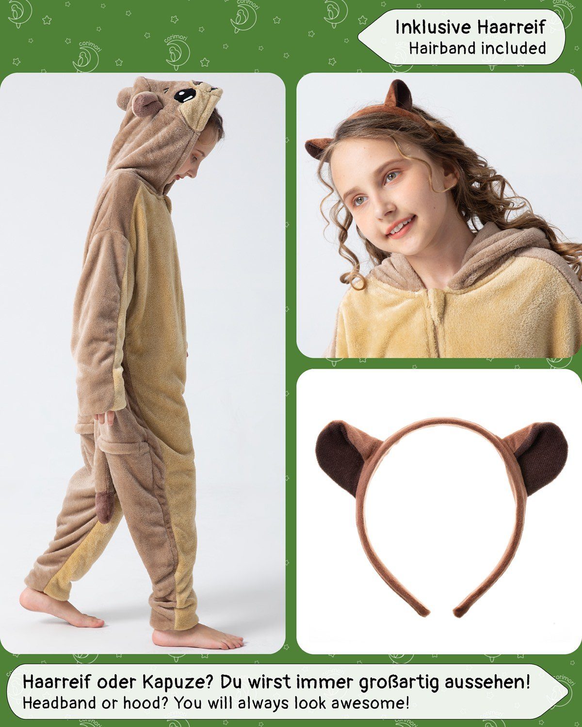 Corimori Jumpsuit Flauschiges Murmeltier-Kostüm für Kinder (2-tlg) mit Haarreif, Karneval, Fasching, Onesie, Mädchen, Jungen