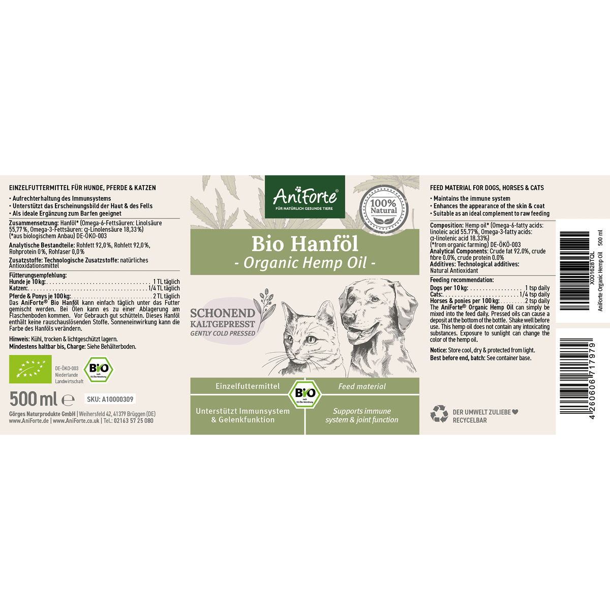 Aniforte Ergänzungsfutter & Aufzucht Aniforte Bio Hanföl 500 ml