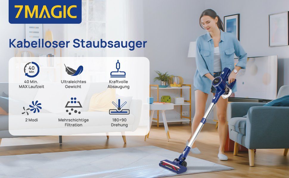 7Magic Akku-Handstaubsauger Staubsauger Kabellos mit 25000pa Saugkraft, 6 in1 Akkustaubsauger, 160 W, beutellos, 1.0L Staubbehälter, für Tierhaare, Teppich, Polster und Hartboden