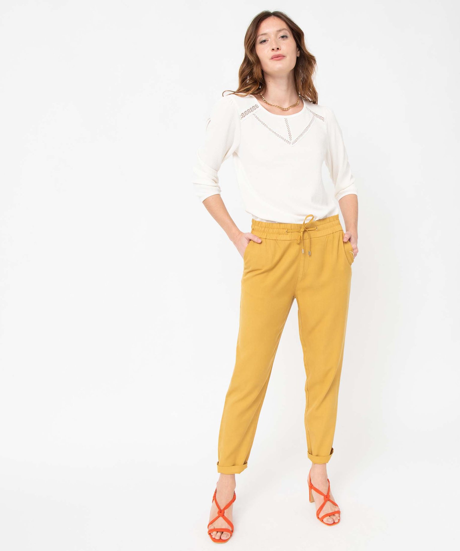 Pantalon femme en Lyocell forme carotte jaune | GEMO