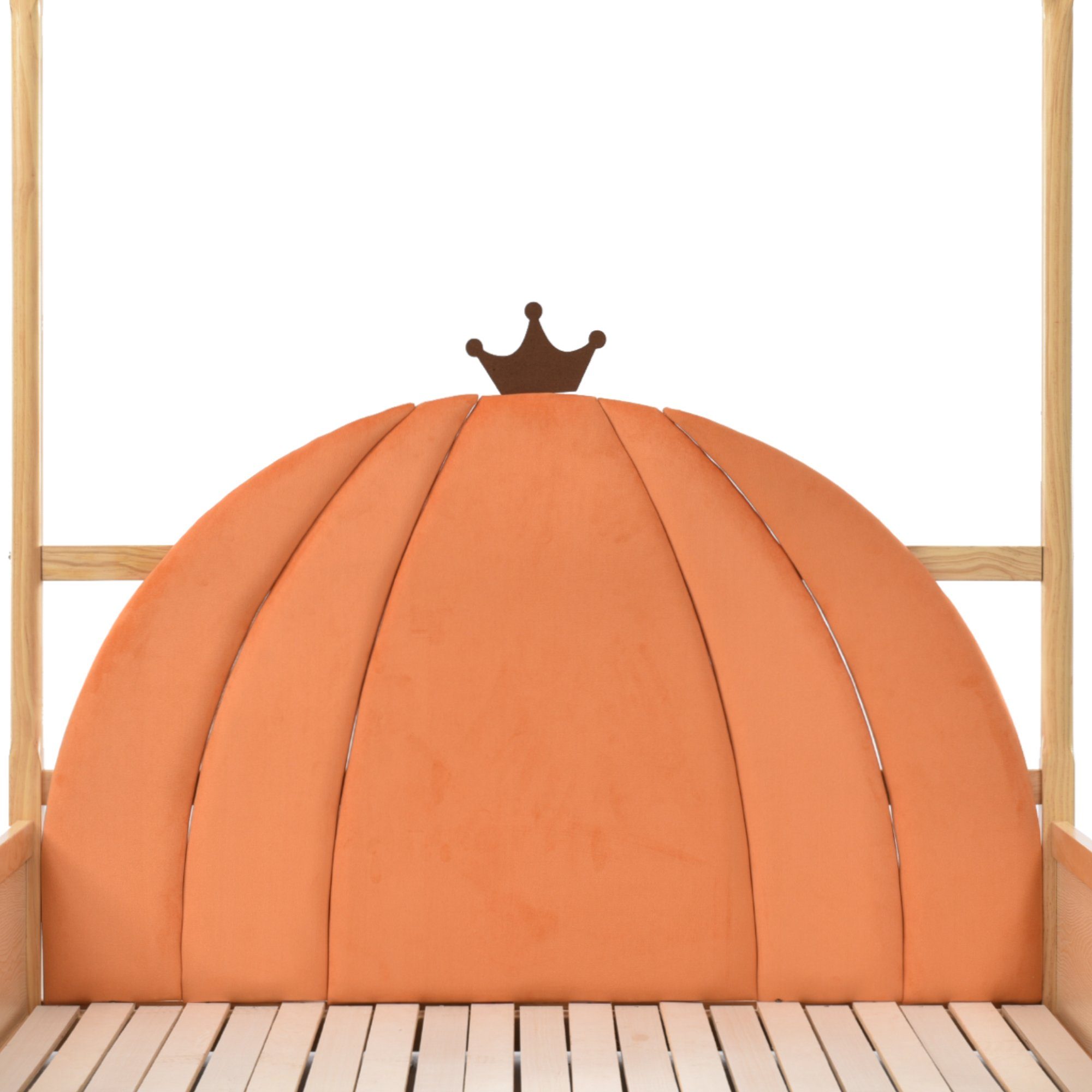 Gotagee Himmelbett Erweiterbares Holzbett Kinderbett Doppelbett Kiefernholz 140x100&200cm, Samtkissen in Kürbisform