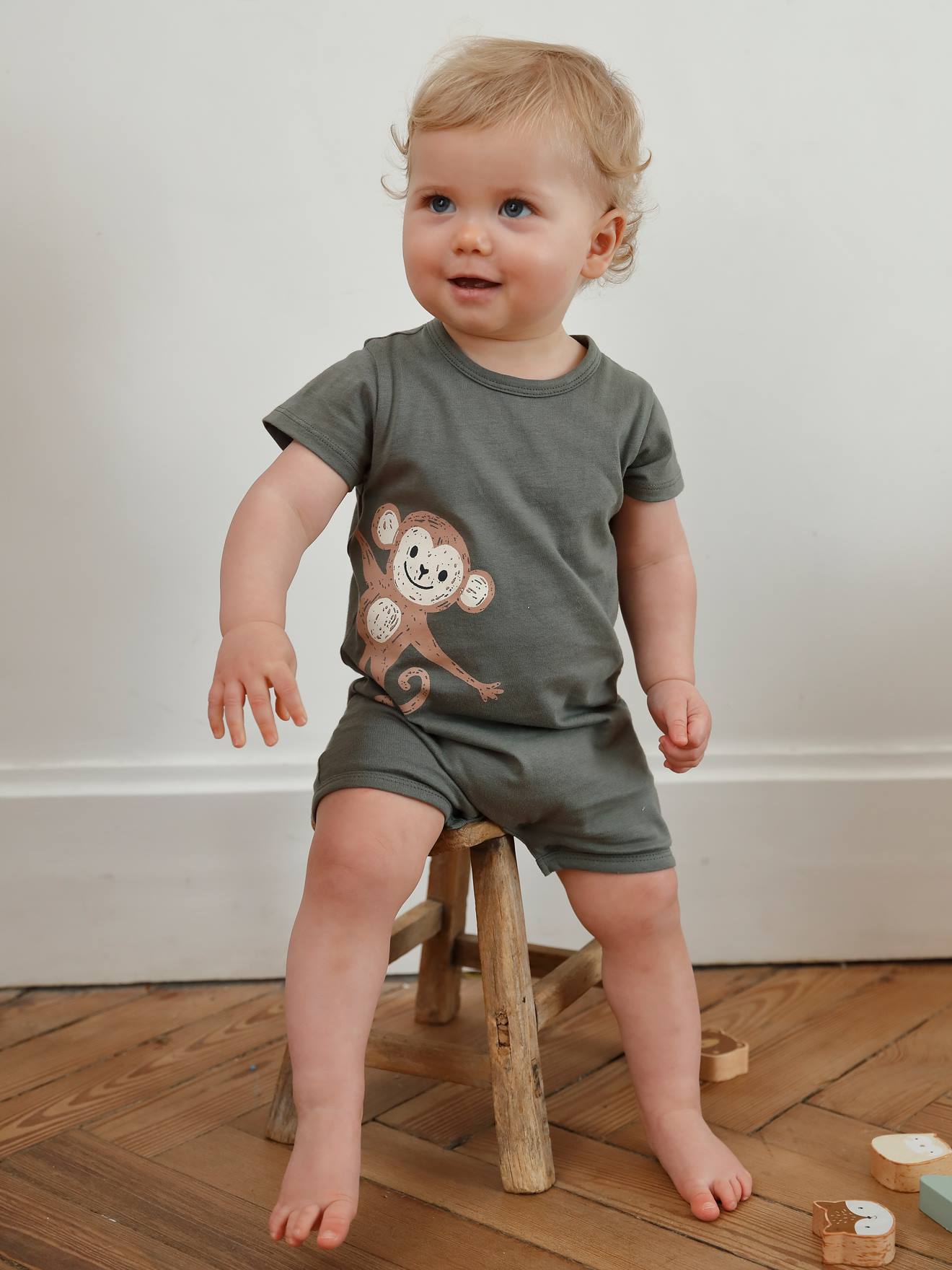Vertbaudet Baby Kurzoverall, Tier-Motive BASIC Oeko-Tex - khaki affe