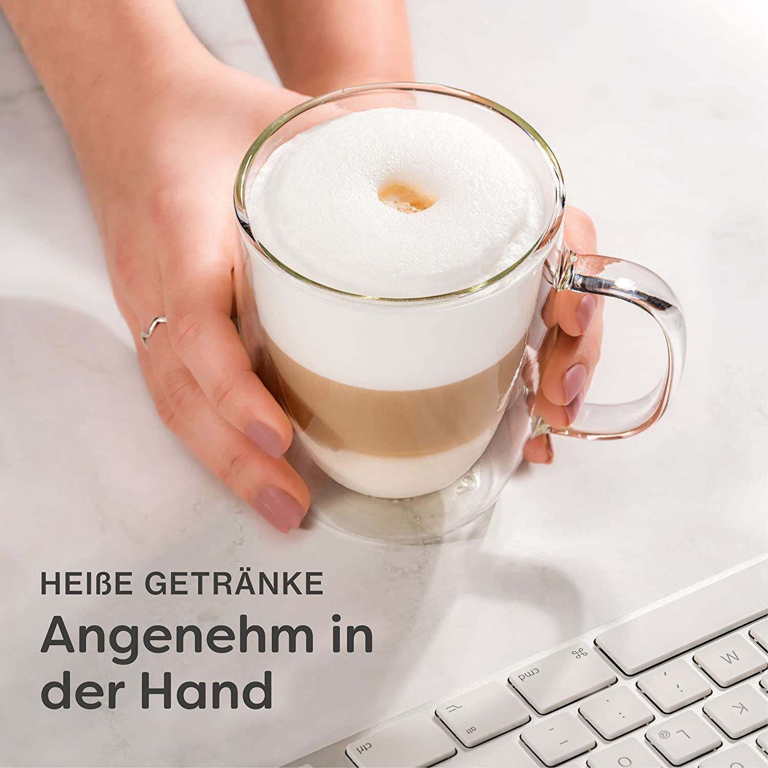 Cosumy Gläser-Set 4 Latte Macchiato Gläser doppelwandig mit Henkel 350ml, Glas, Für Latte Macchiato - Spülmaschinenfest - Hält lange warm