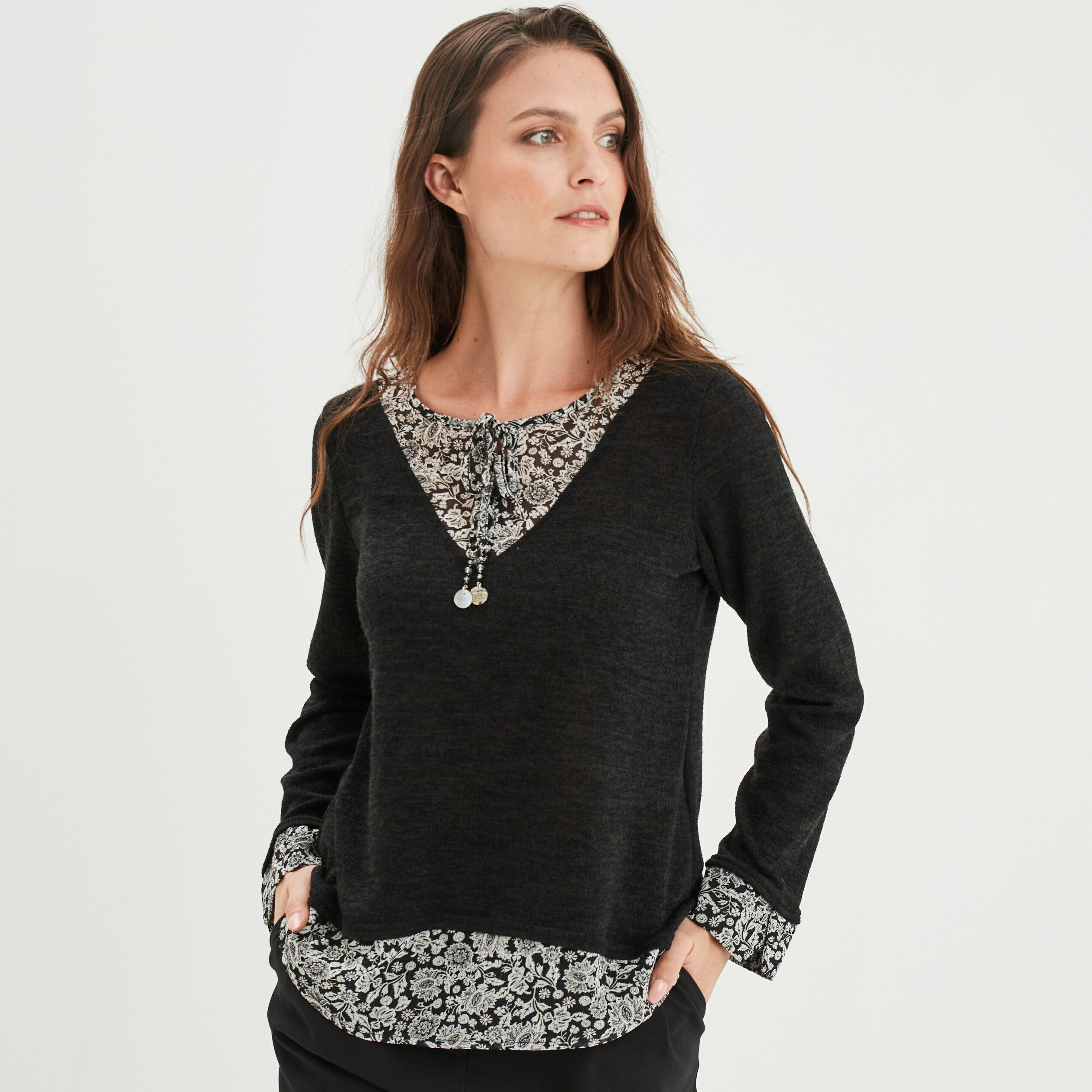 Pull effet 2-en-1 noir femme | La Halle
