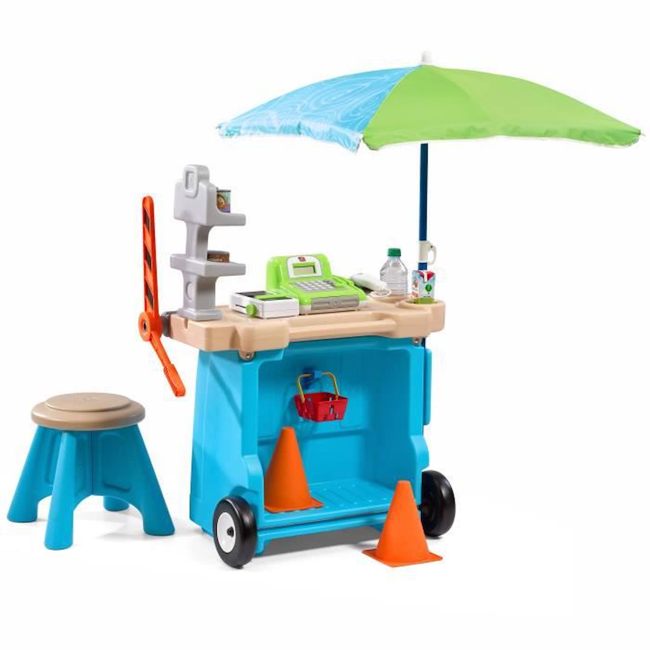Step2 Stop & Go Marchande Enfant avec accessoires | Supermarché / Stand de Vente / Epicerie pour enfants avec Station-Service bleu