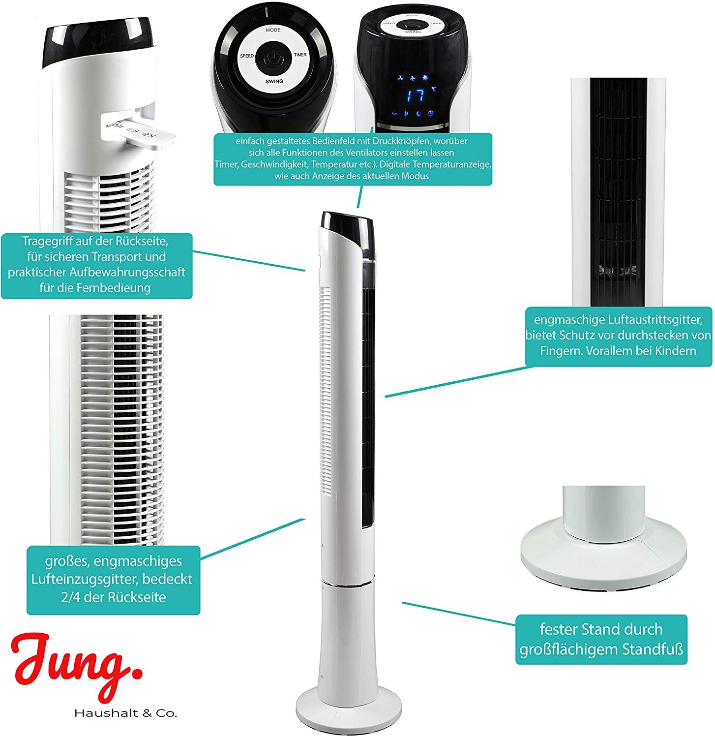 JUNG Turmventilator TVE24 Ventilator mit Fernbedienung +Timer 120cm Turmventilator Lüfter, Turmlüfter, Standventilator, Säulenventilator, LCD Display, 45W