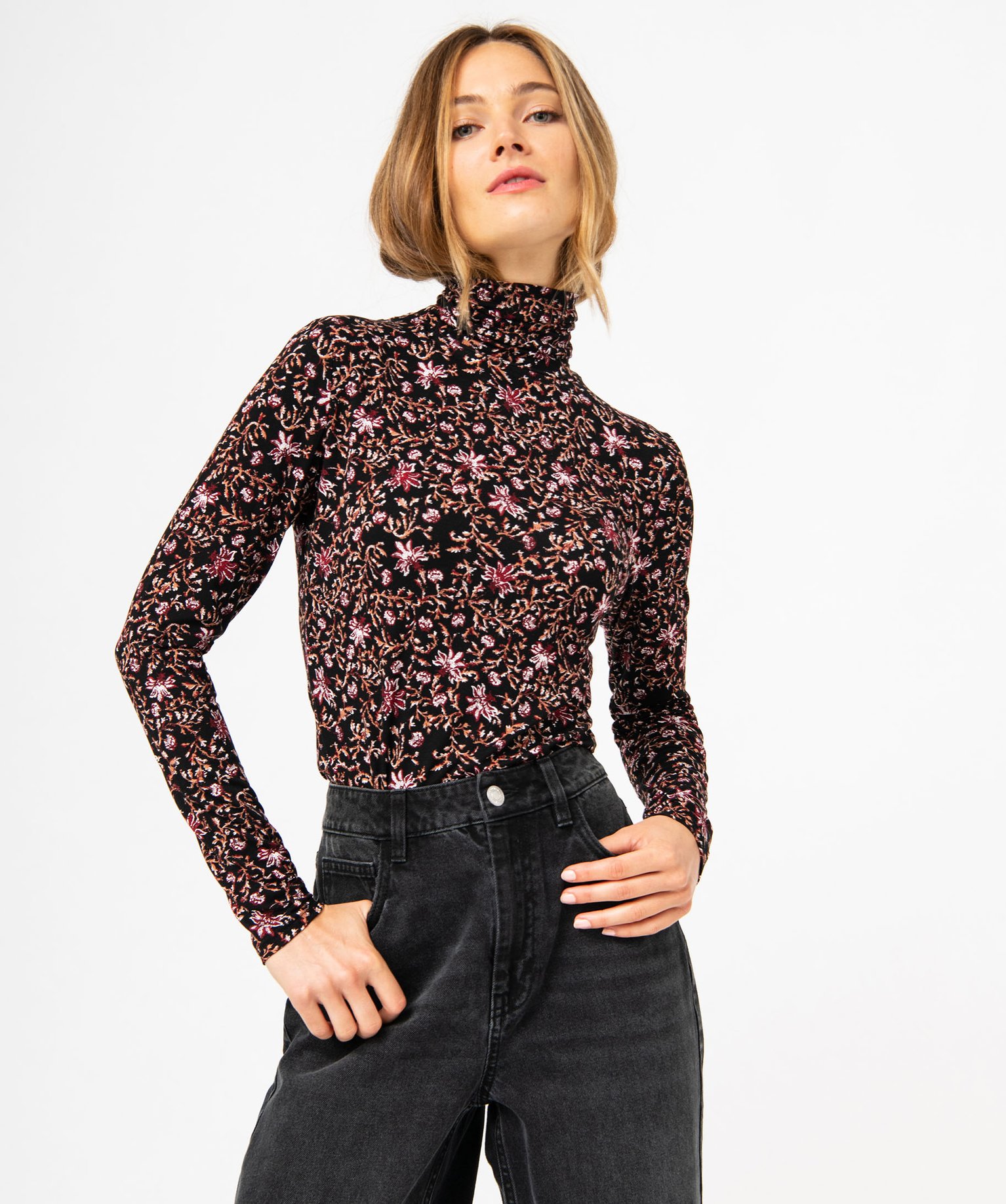 Tee-shirt manches longues et col roulé moulant femme imprime | GEMO
