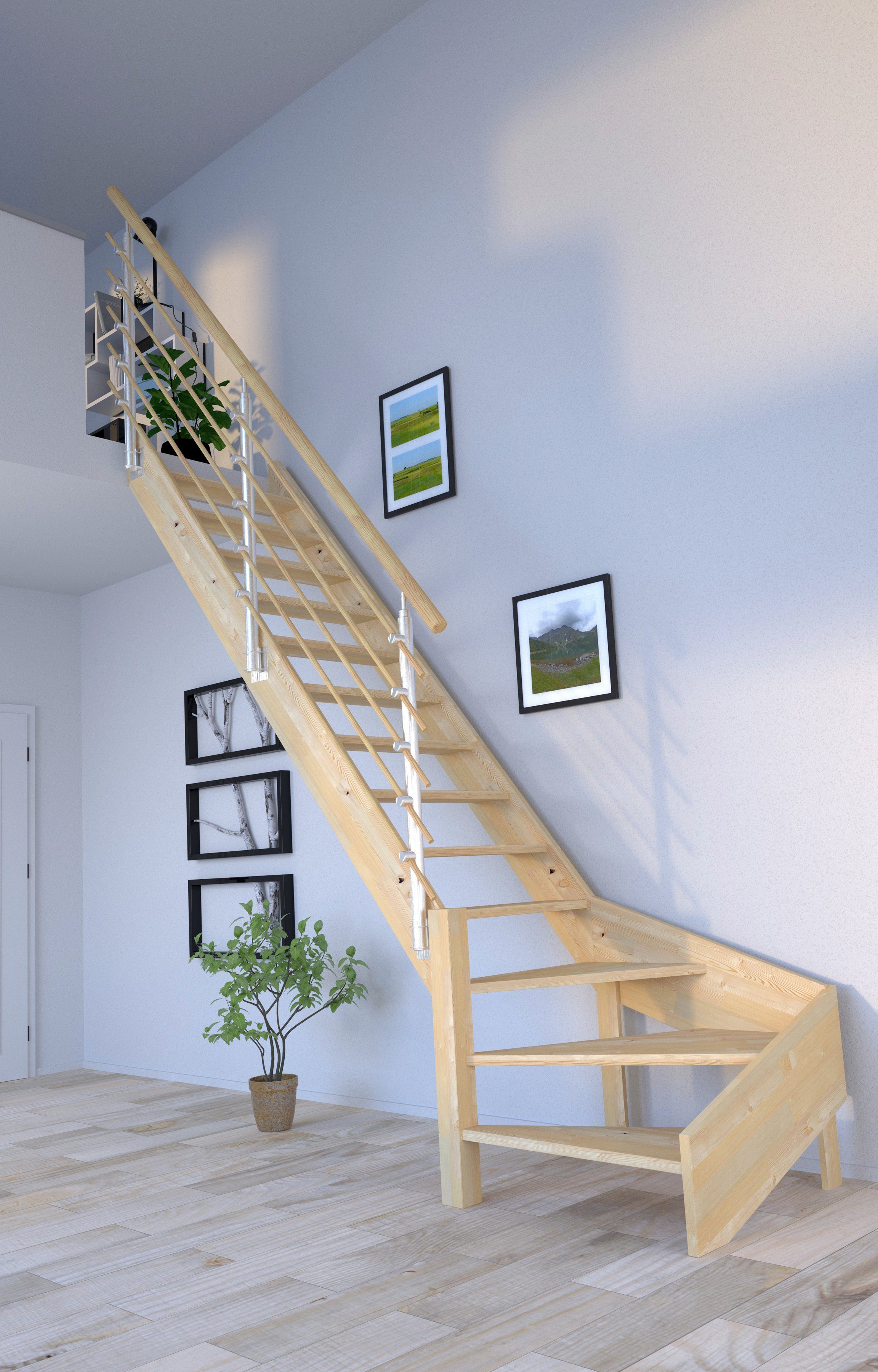 Starwood Raumspartreppe Massivholz Korfu, Design-Geländer Holzrundstäbe, für Geschosshöhen bis 300 cm, Stufen offen, gewendelt Links, Durchgehende Wangenteile