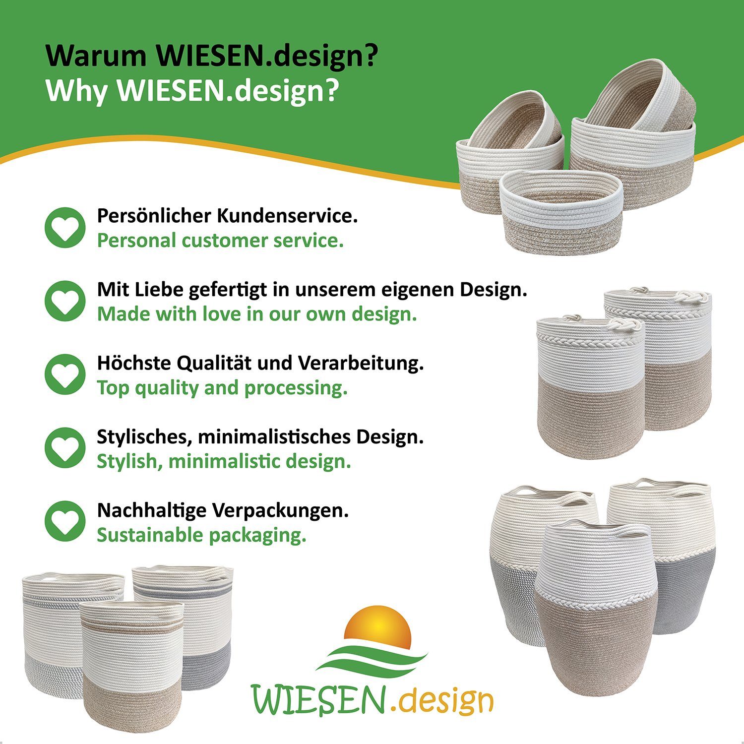 WIESEN.design Wäschekorb Ben Ø41xH46 cm 61L, 100% Baumwolle, Aufbewahrungskorb geflochten, inkl. großem Waschsack und schwerem Wäschesack, gratis Versand