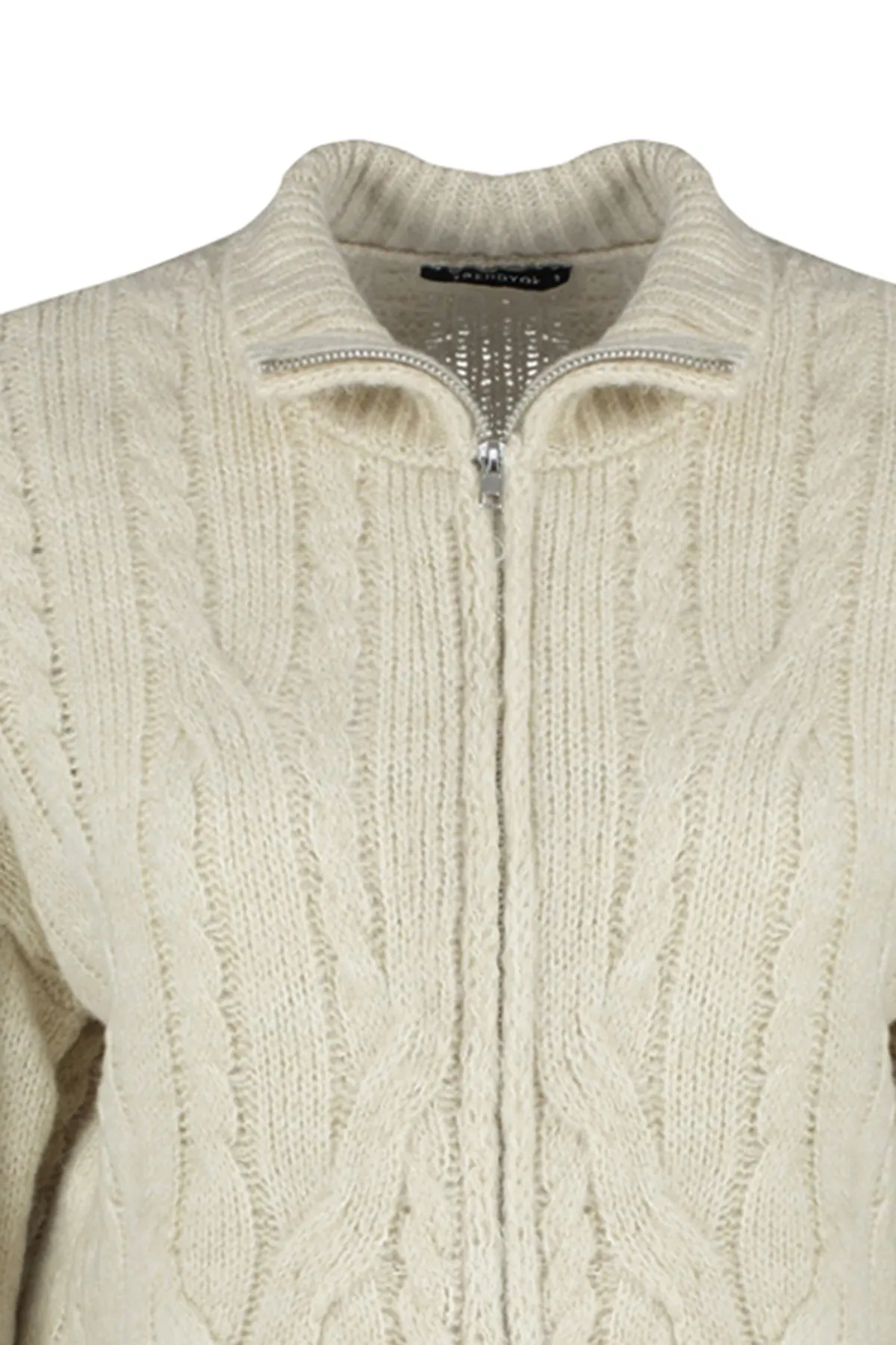 Trendyol Collection  Steinweiche strukturierte Strickjacke mit geflochtenem Reißverschluss aus Haar TWOAW24HI00202