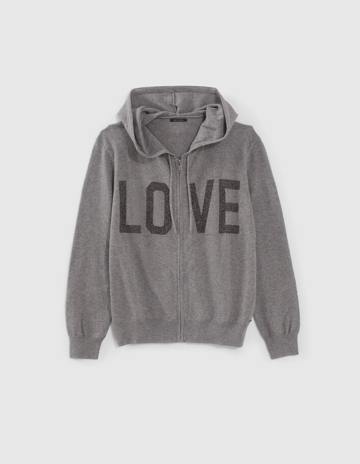 Cardigan gris tricot jacquard message devant dos Femme