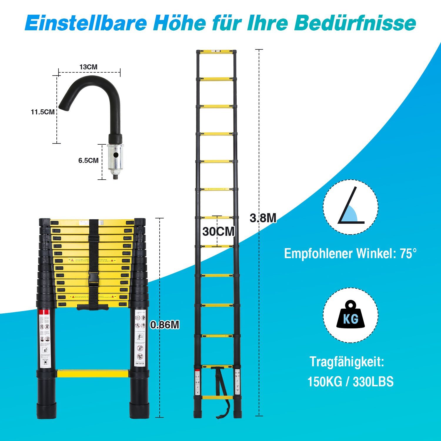 Lospitch Teleskopleiter Teleskopleiter Alu 3.8m Ausziehleiter Anlegeleiter mit haken