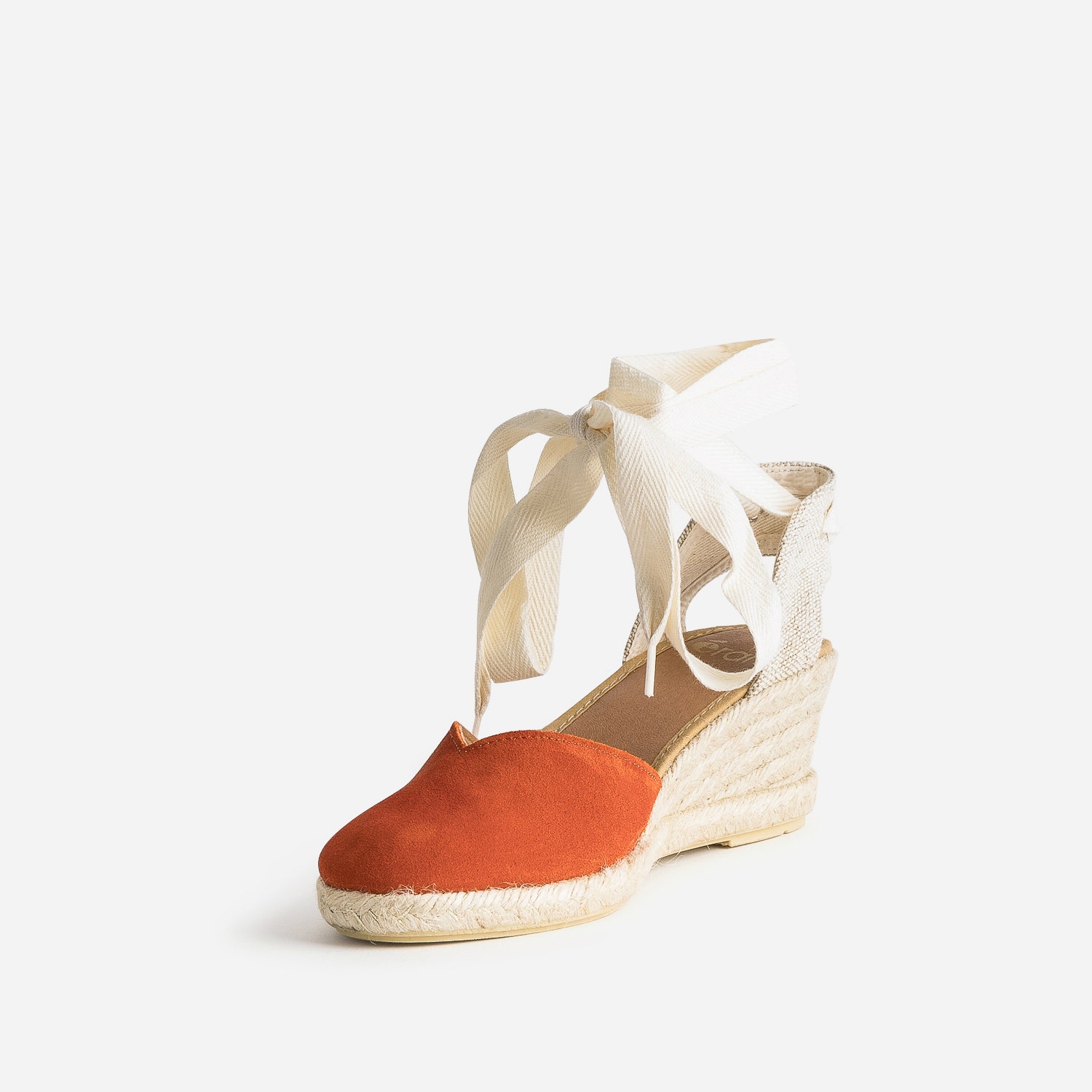 Espadrille compensée orange en cuir velours