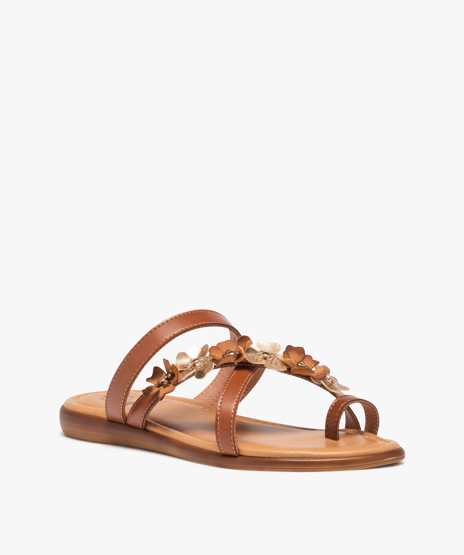 Mules plates à fines brides croisées fleuries femme camel | GEMO