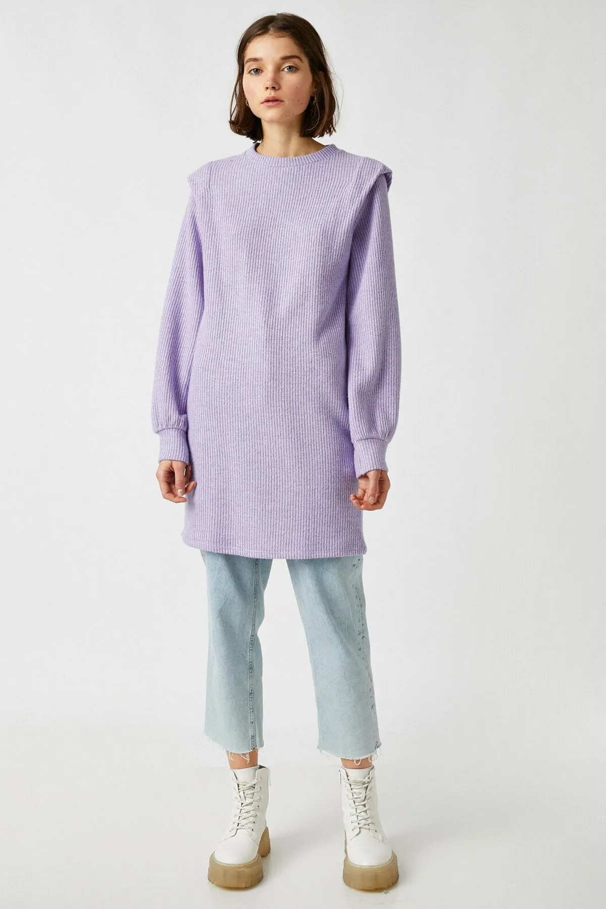 Koton  Lila Damen-Kurzkleid mit Rundhalsausschnitt und langen Ärmeln 1KAL88045IK