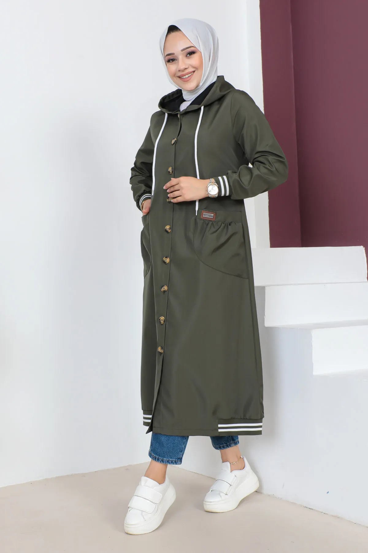 Tesettür Dünyası  Gerippter Trenchcoat TSD230638 Khaki