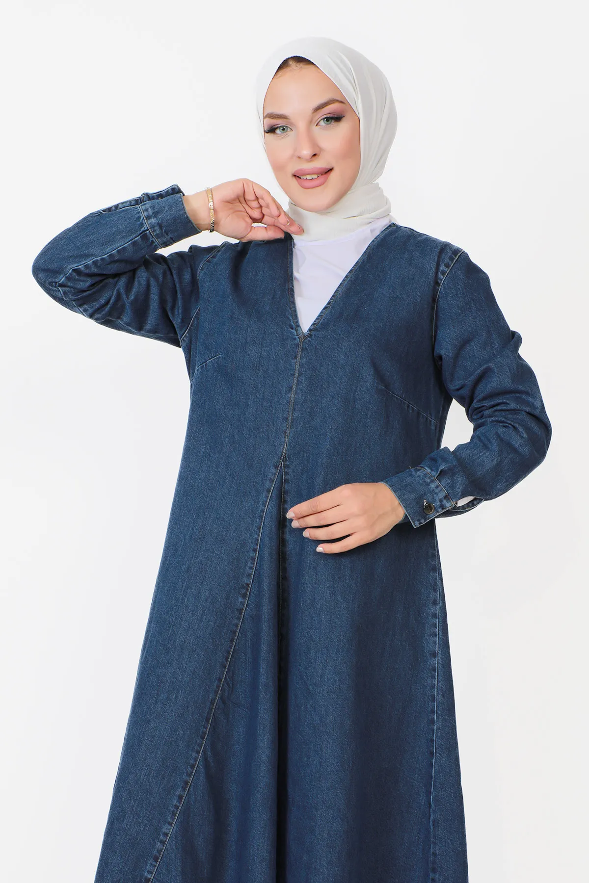 Tesettür Dünyası  Jeanskleid mit V-Ausschnitt TSD230908 Blau