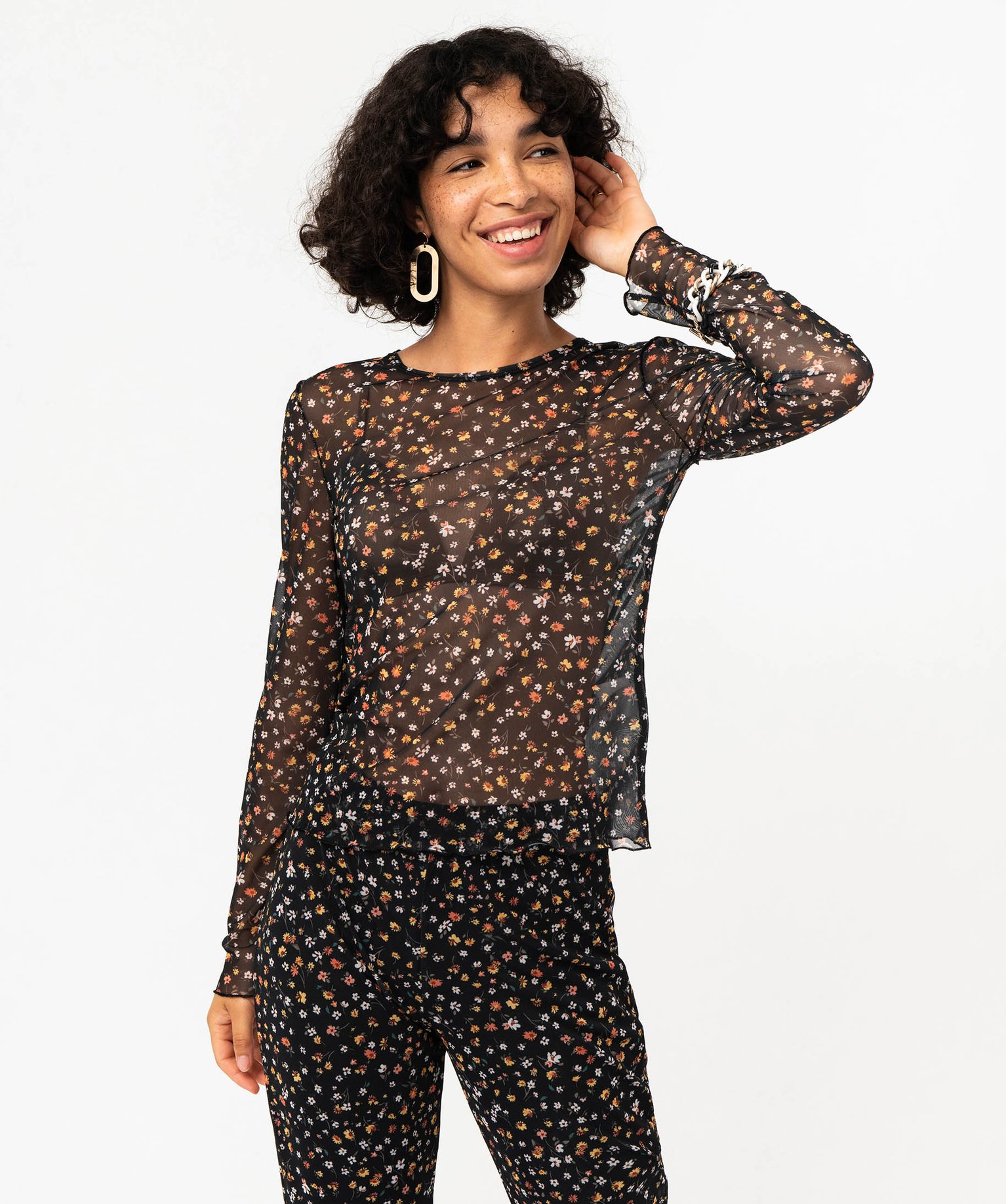 Tee-shirt à manches longues en voile à motifs fleuris femme imprime | GEMO