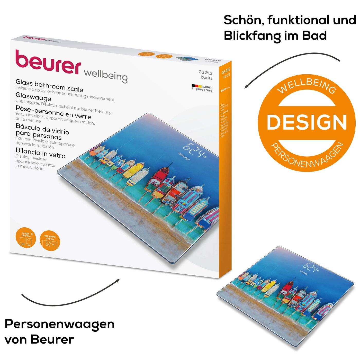 Beurer Boats Glaswaage GS 215-Personenwaage aus Glas mit unsichtbarem Magic-Display - bis 180 kg