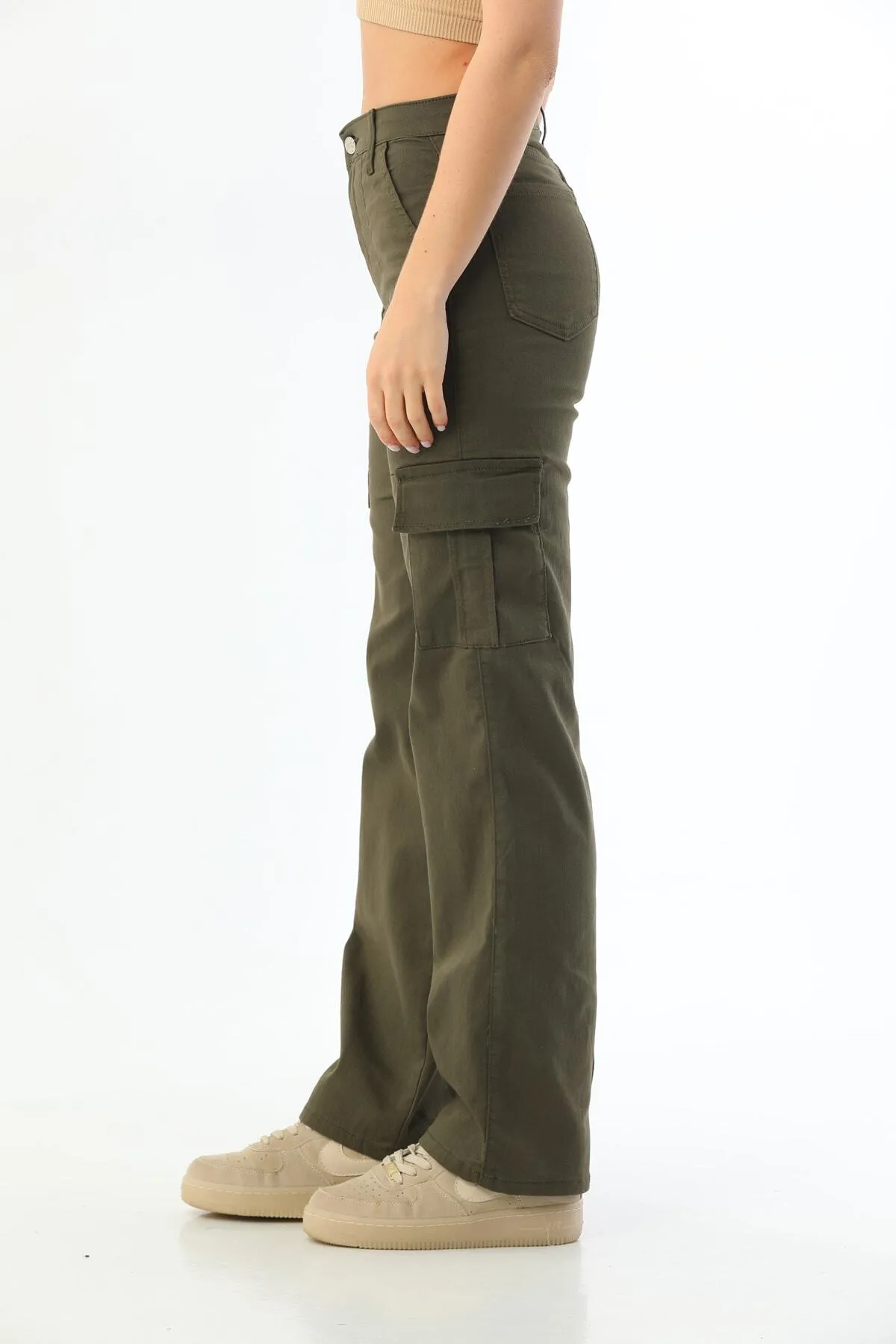 BİKELİFE  Khakifarbene Cargo-Hose aus Lycra mit hoher Taille und weitem Bein