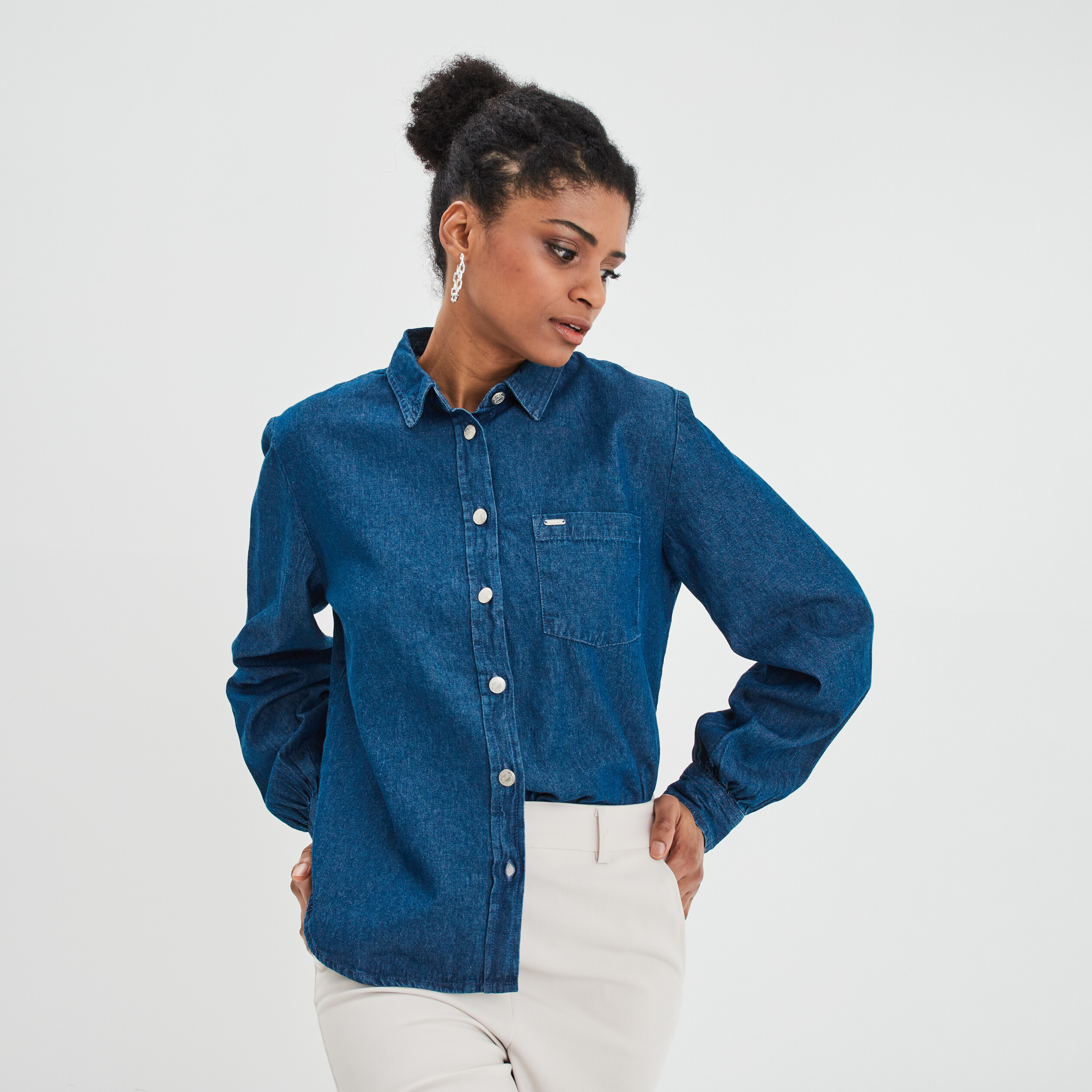 Chemise droite en jean coton Creeks denim double stone femme | La Halle