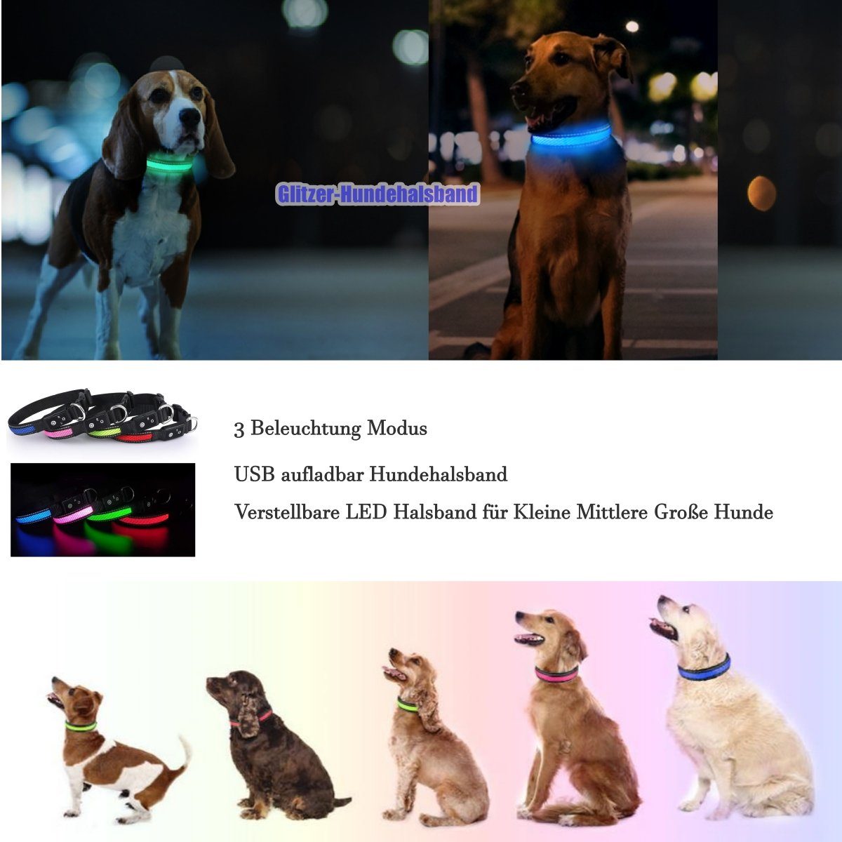 Ciskotu Hunde-Halsband Leuchthalsband Hunde Aufladbar,Hundehalsband Leuchtend Wasserdicht, mit 3 Beleuchtungsmodi, Verstellbare LED Halsband