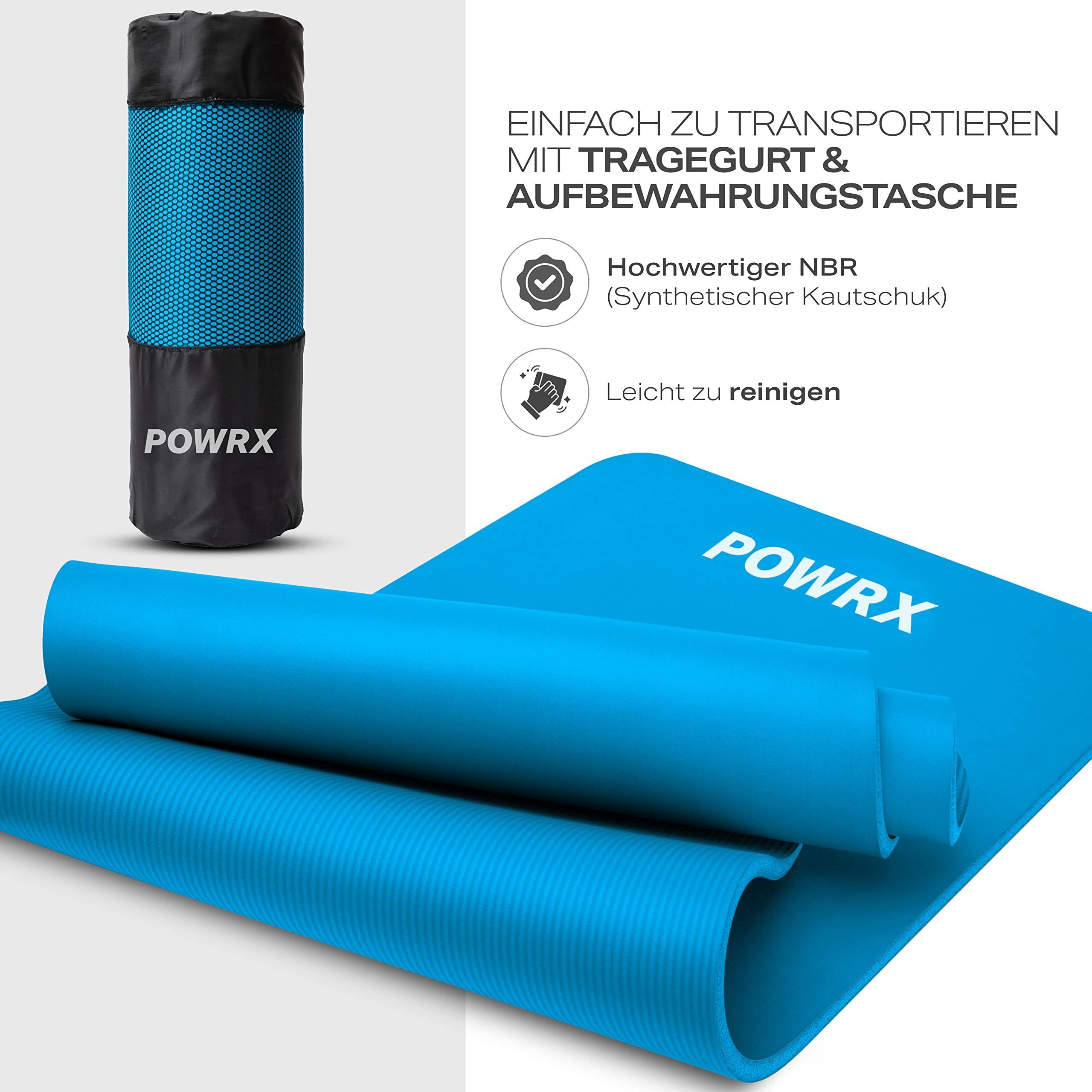 POWRX Yogamatte Gymnastik- & Yogamatte (Blau, 190x60x1cm) inkl. Tragegurt + Tasche, Blau 190 X 60 X 1 Cm