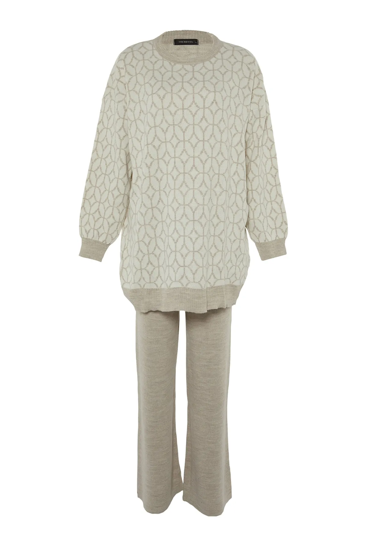 Trendyol Modest  Beiges Strickset aus Pullover und Hose mit geometrischem Muster TCTAW23US00006