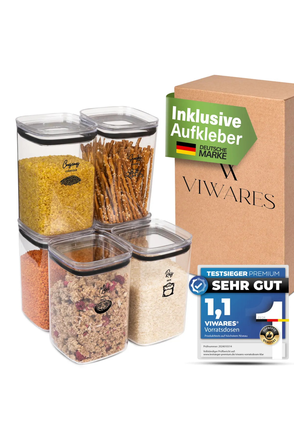 Viwares  Vorratsdosen mit Deckel Luftdicht – 6er 1400 Vorratsbehälter Set - BPA-FREI Klar