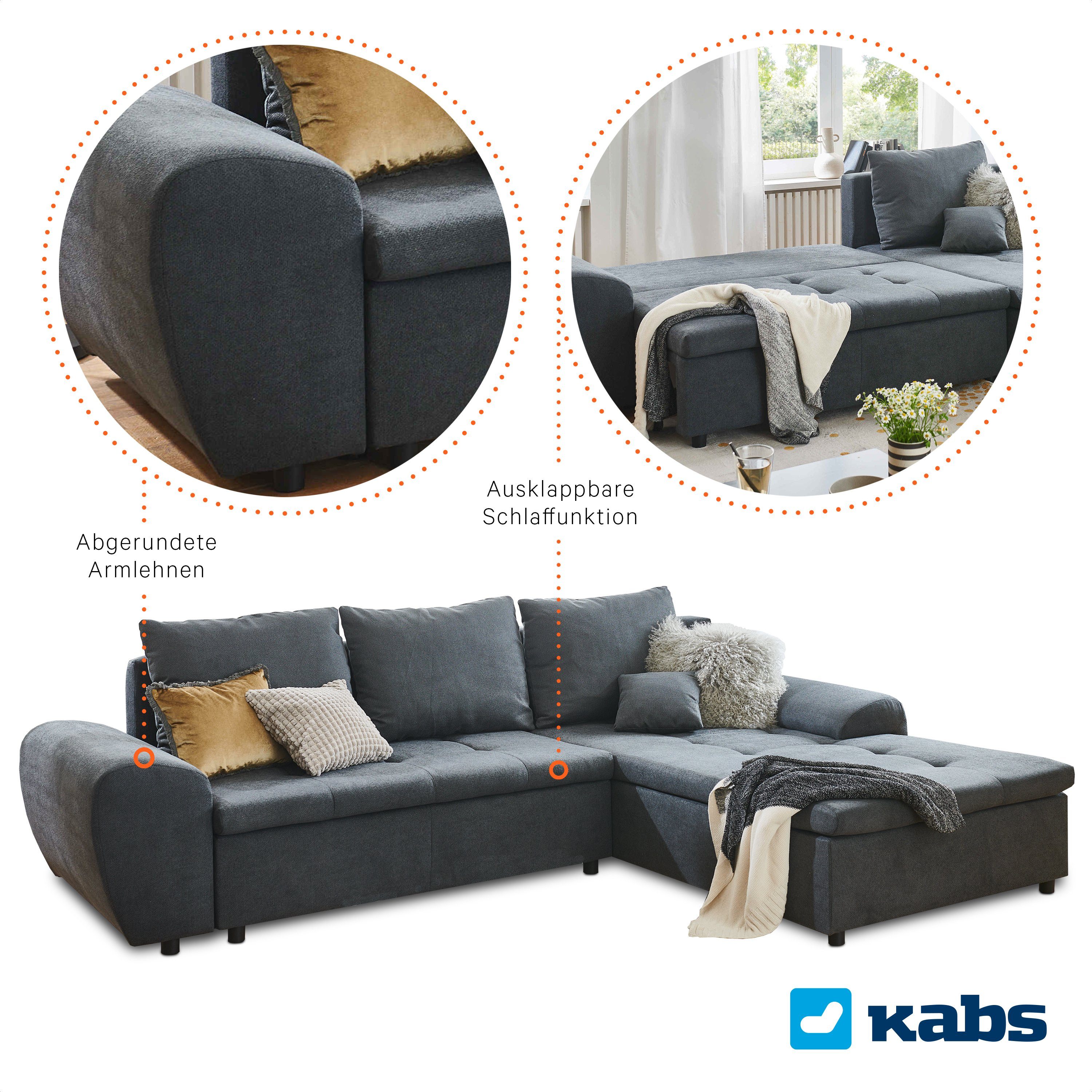 Kabs Polsterwelt Ecksofa Isa, Bettkasten, Schlaffunktion, Stauraum, Zierkissen, Made in Europe