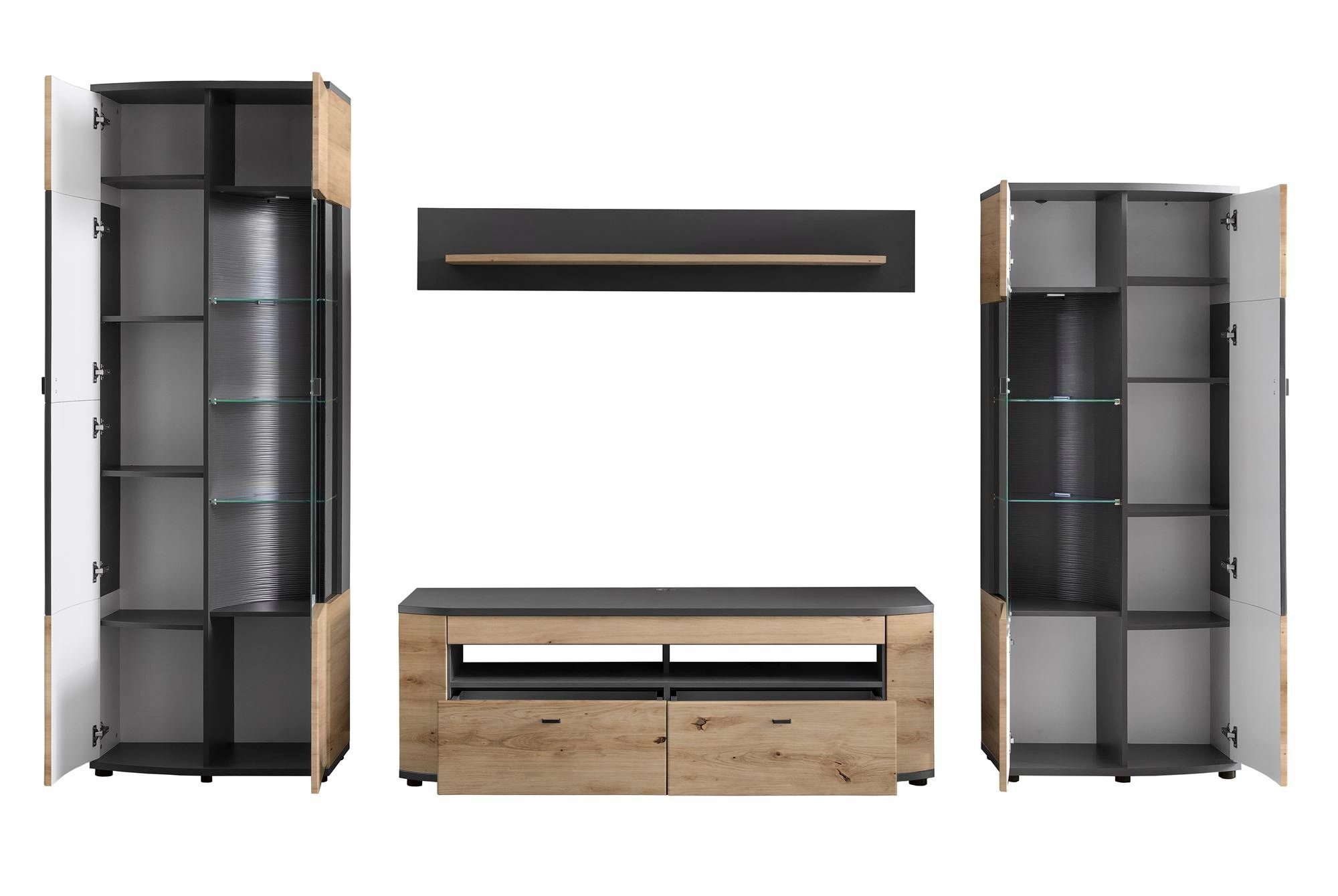 58 aufm Kessel Wohnwand Wohnzimmerschrank Jacinthe 320x200x46 Eiche/Anthrazit/Grau HG 10178, (Komplettset, 4-St), Türen mit Selbsteinzug und Dämpfung