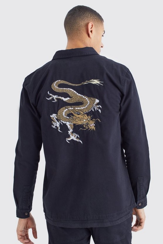 Langärmliges Twill Overshirt mit Drachen-Stickerei