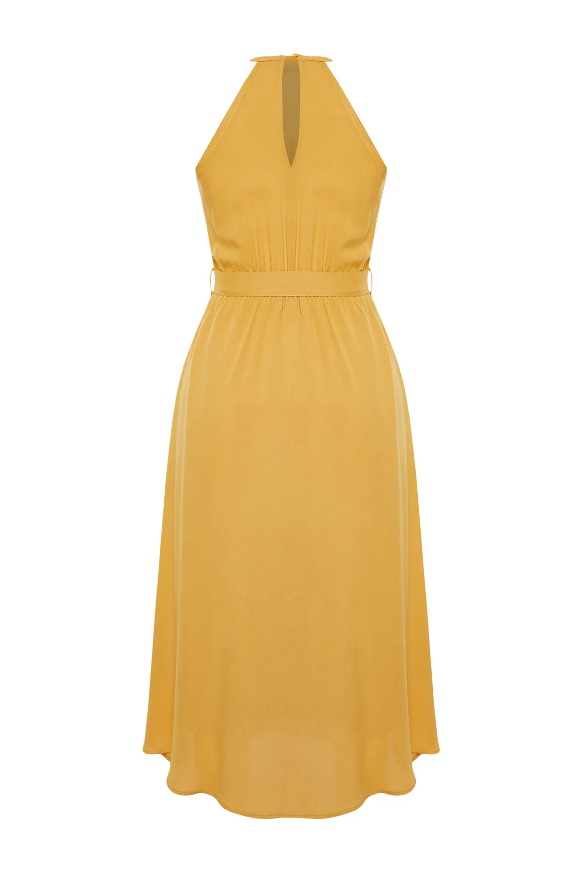 Trendyol Collection  Gelbes A-Linien-Midikleid aus viskosem Webstoff mit Neckholder und Gürtel TWOSS19EL0155