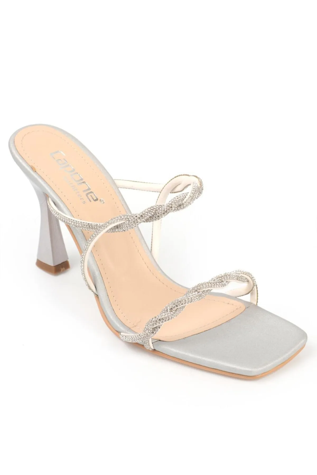 Capone Outfitters  Capone Blunt Toe Stone Knit Double Strap High Heel Satin Silber Damen-Hausschuhe