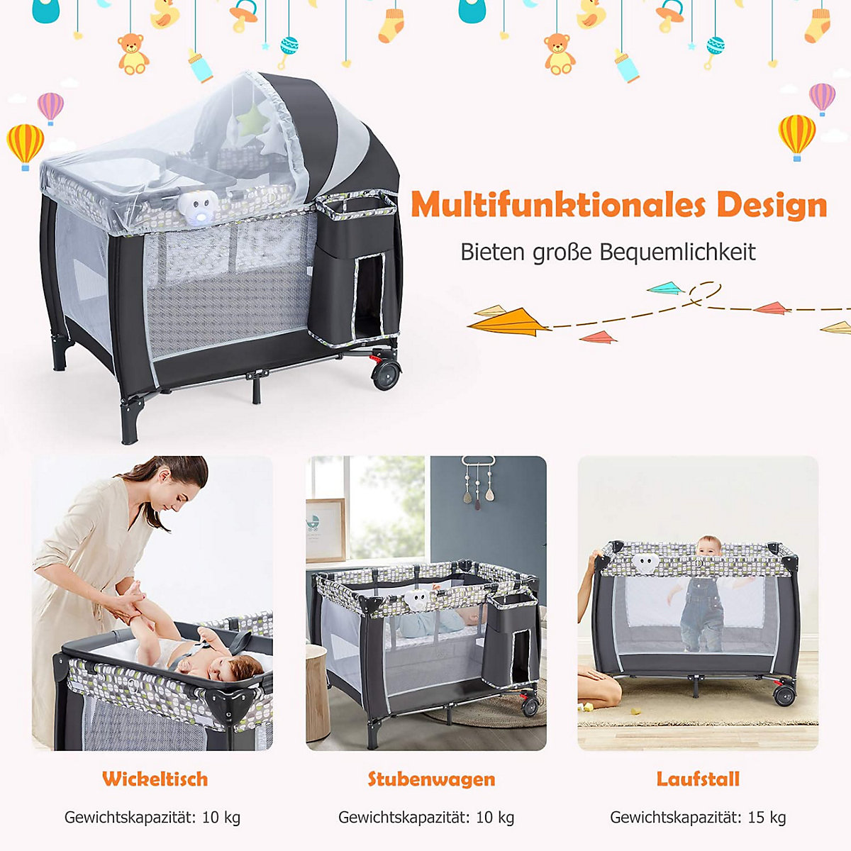 Reisebett 3 in 1 mit Wickeltisch mit Moskitonetz & Spieluhr