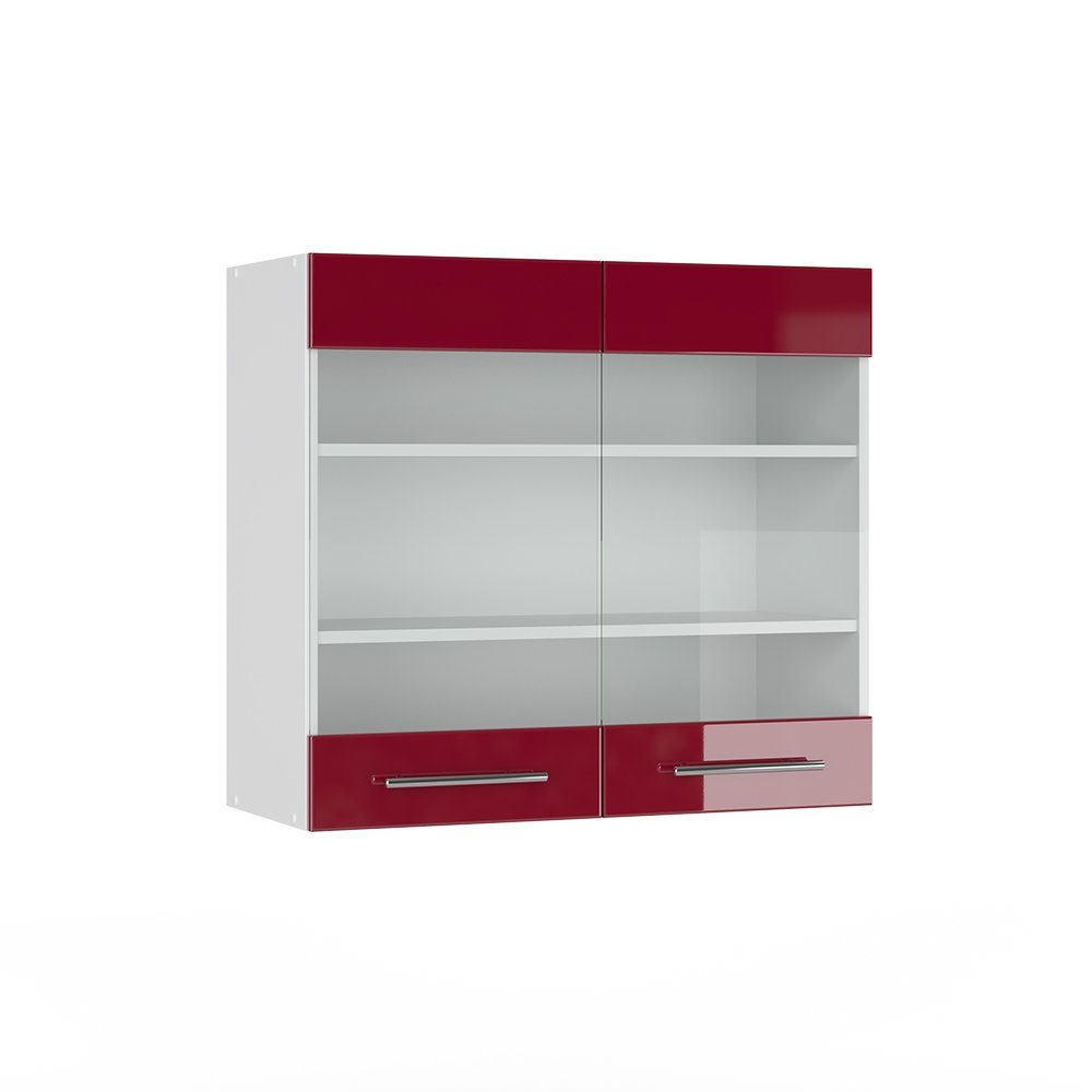 Vicco Glashängeschrank Hängeschrank Küche 80 cm Fame-Line Weiß Bordeaux Hochglanz