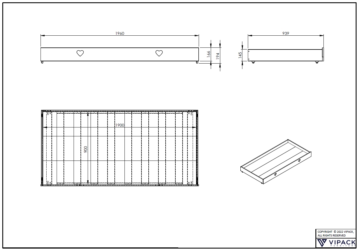 VIPACK Bettschublade zu Hausbett Amori, Innenmaß 90 190 cm, auf Rollen, Ausf. Kiefer