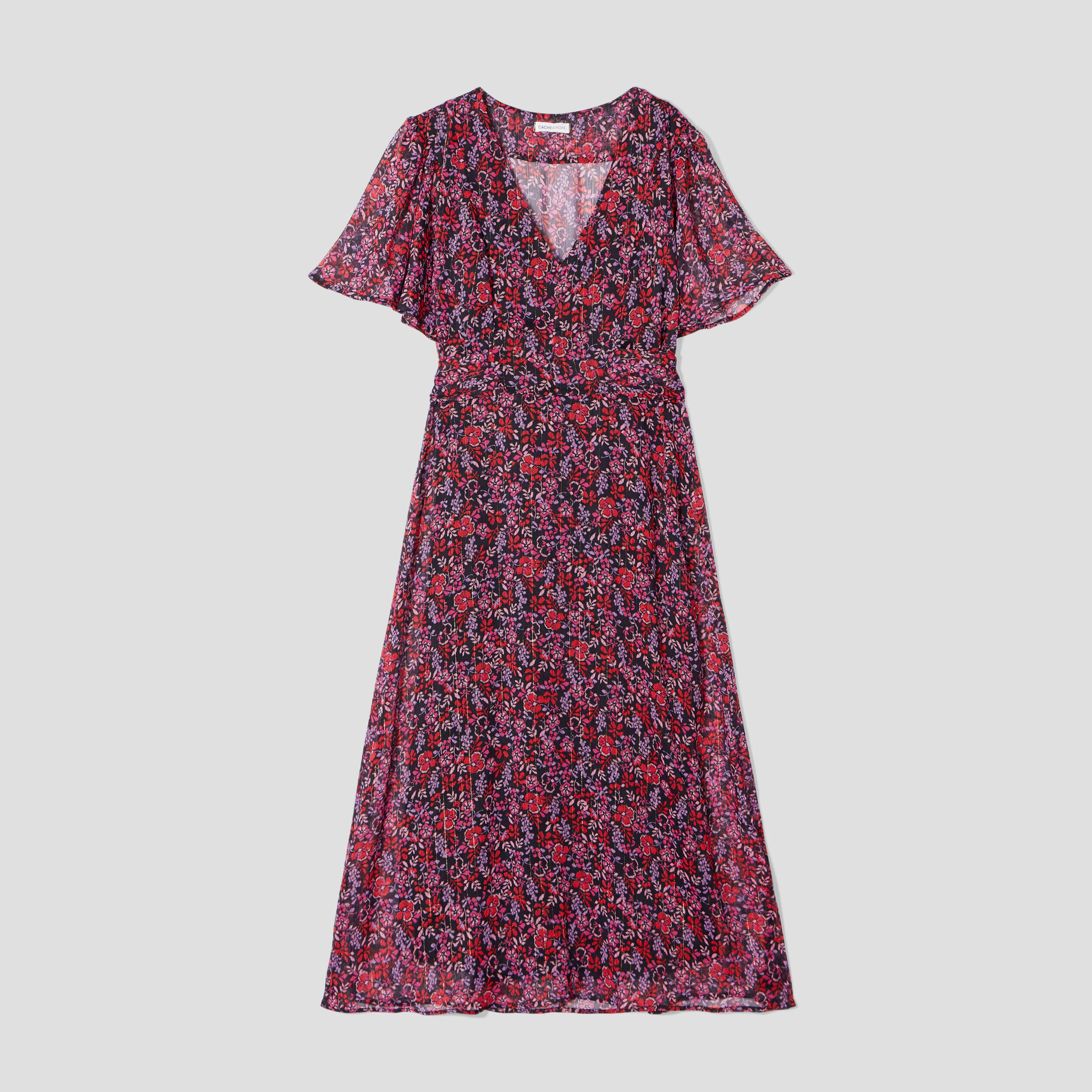 Robe longue évasée col en V rouge femme | Cache Cache