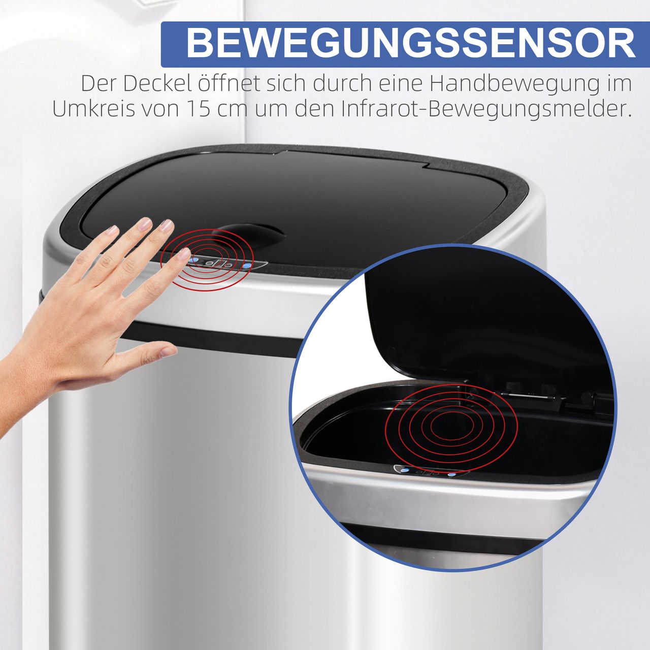 HOMCOM Automatik Mülleimer Abfalleimer mit Infrarotsensor Kücheneimer 48L Silber L40,5 x B29,5 x H57 cm