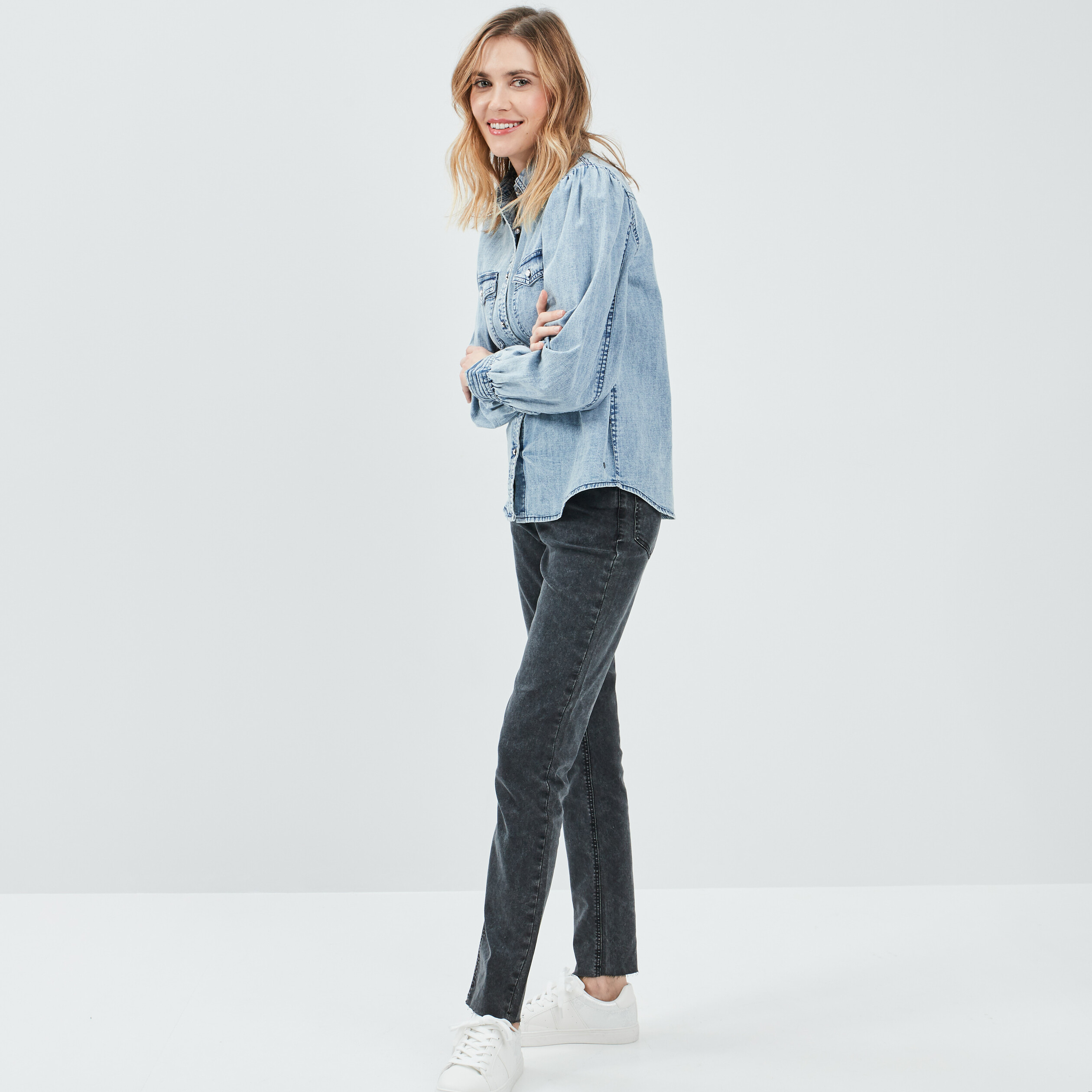 Chemise manches longues denim stone femme | La Halle