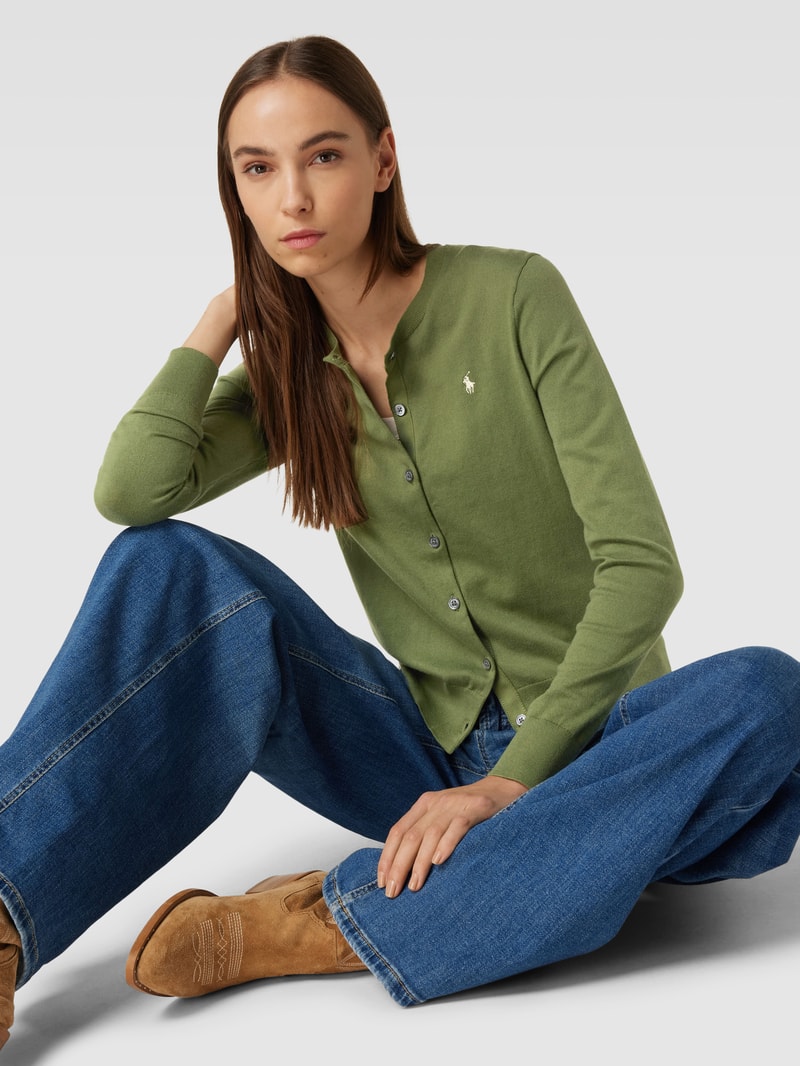 Cardigan mit Rundhalsausschnitt und Logo-Stitching in olivgrün