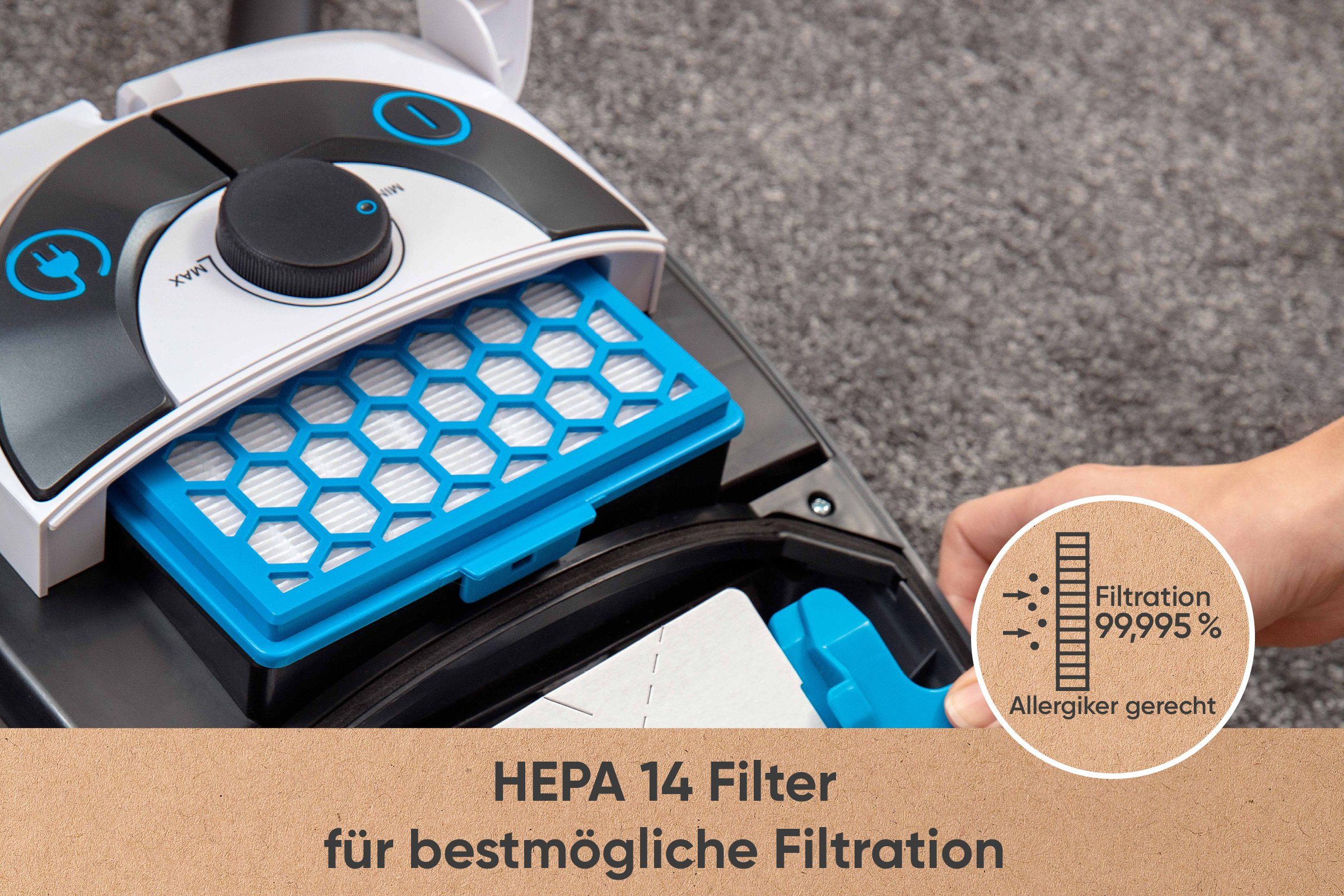 hoogo Bodenstaubsauger B3+, 850 W, mit Beutel, extra leise, Reichweite 11m, für Allergiker (HEPA 14)