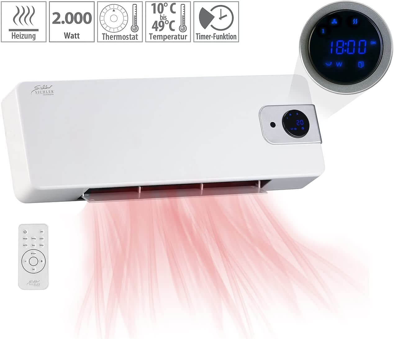 Sichler Keramik Wandheizlüfter LV-820.w mit digitalem Thermostat, Oszillation, 2.000 W